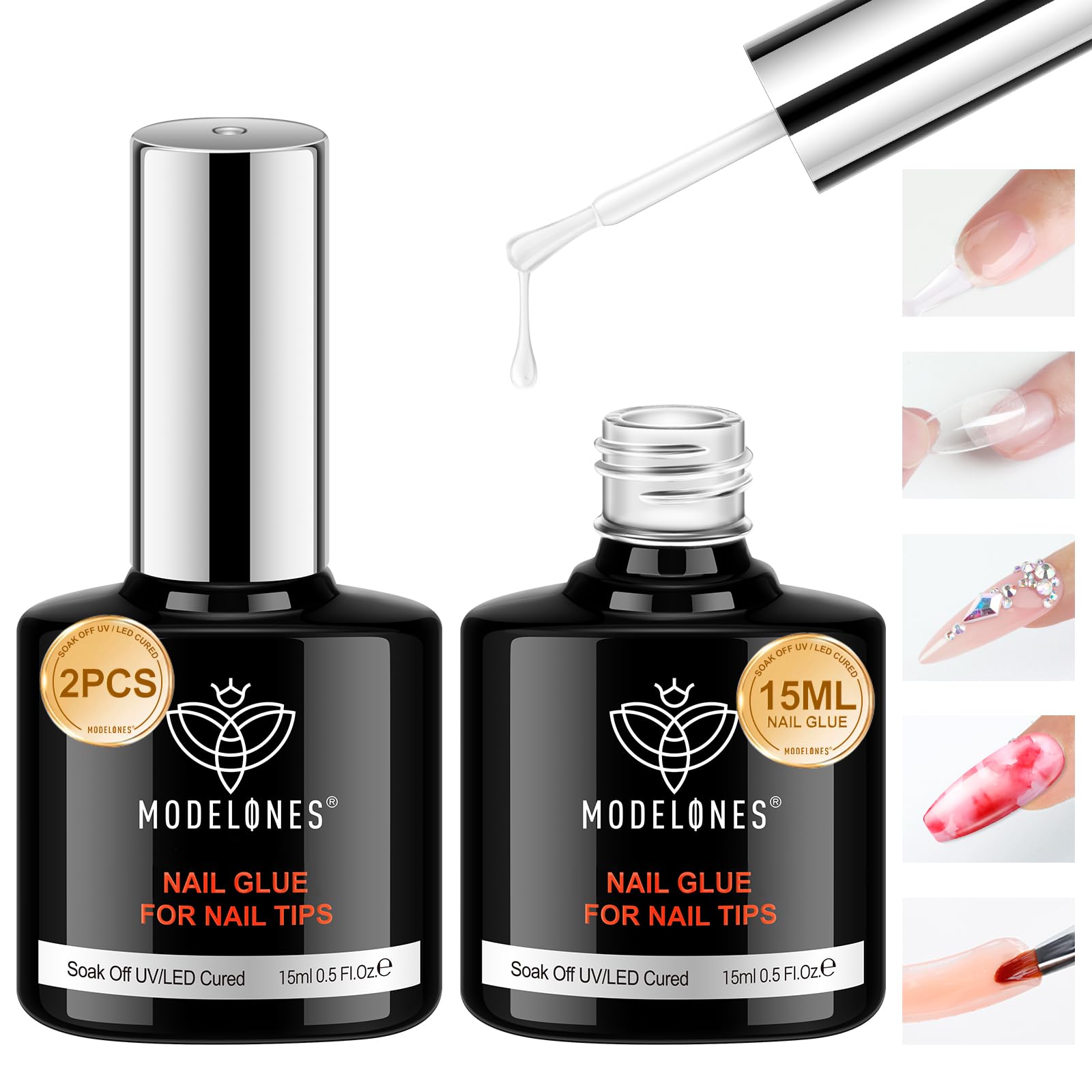 Modelones 5 in 1 Nail Glue Base Coat Set, 15ml, Crystal Material, 2 Pcs, Ideal for Rhinestones and False Nails