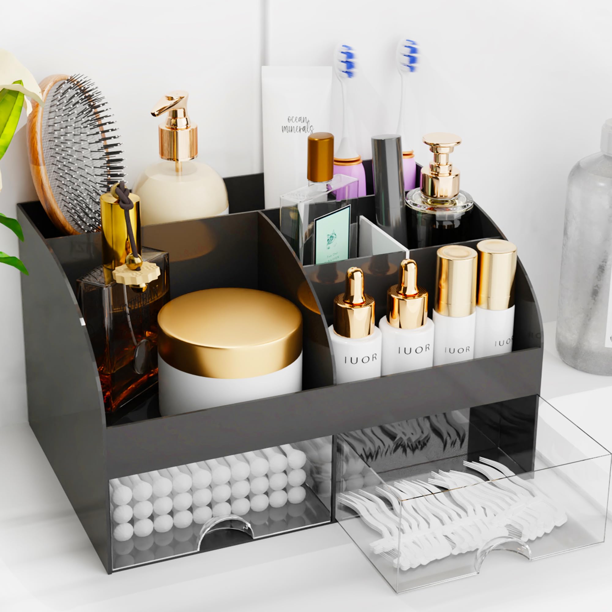 Makeup Organizer With Drawers, Cosmetic Storage For Dresser Vanity And Bathroom Countertop, Beauty Holder For Lipstick Brush, Sk