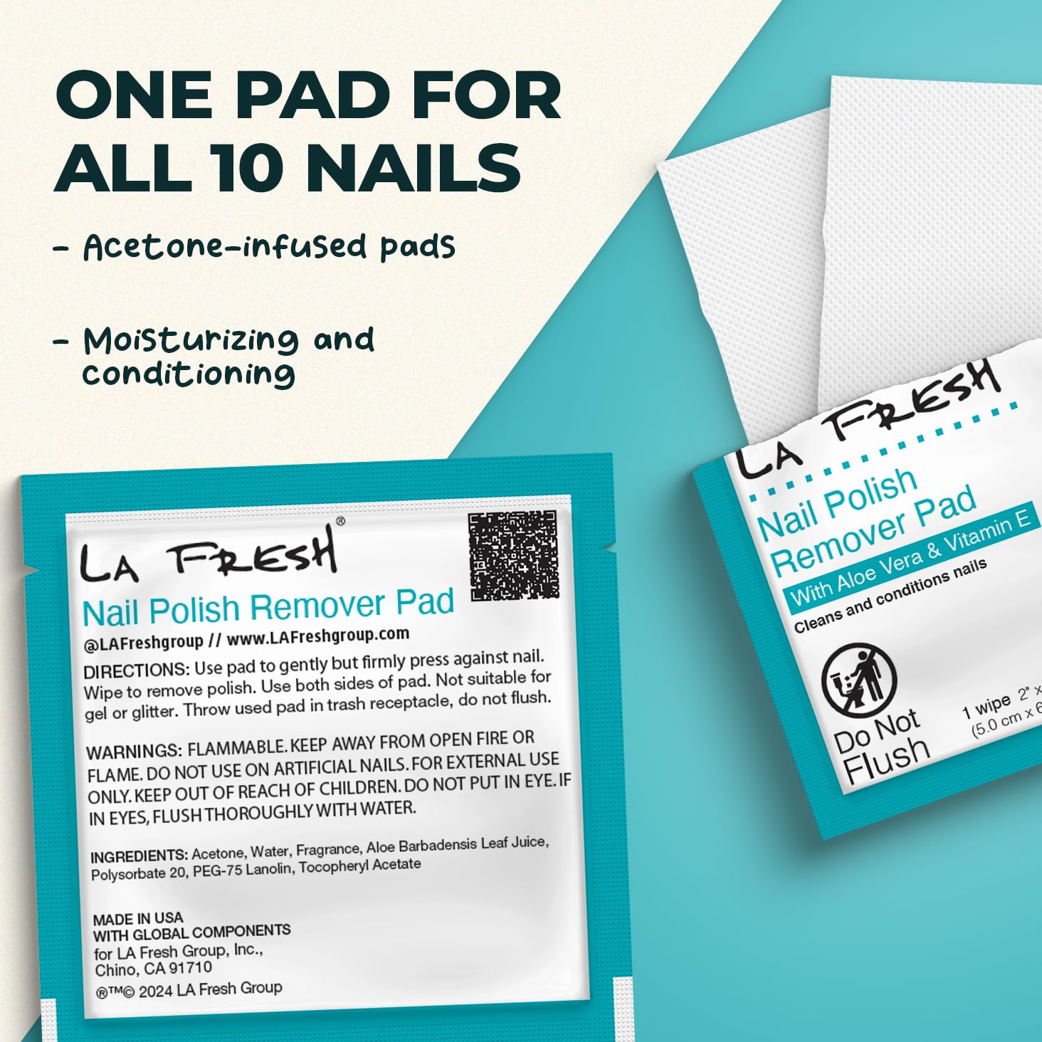 La Fresh Nail Polish Remover Wet Wipes with Lavender, Aloe Vera, and Vitamin E Pack of 50ct Acetone-Infused Pads - Nail Care Tra