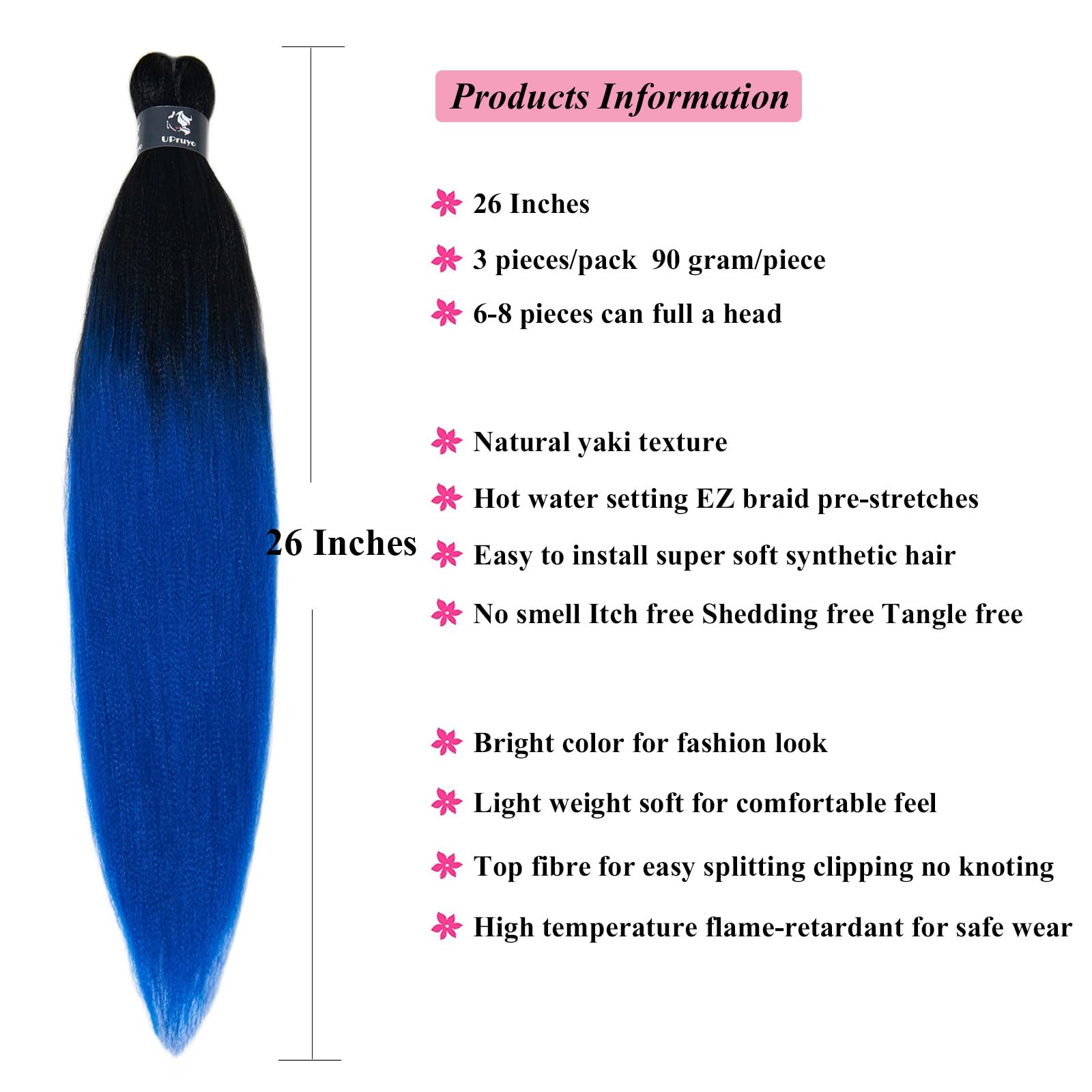 UPruyo Blue Ombre Braiding Hair for Braiding 26 inch Pre Stretched Braiding Hair Ombre Kanekalon Pre-Stretched Prestretched Brai