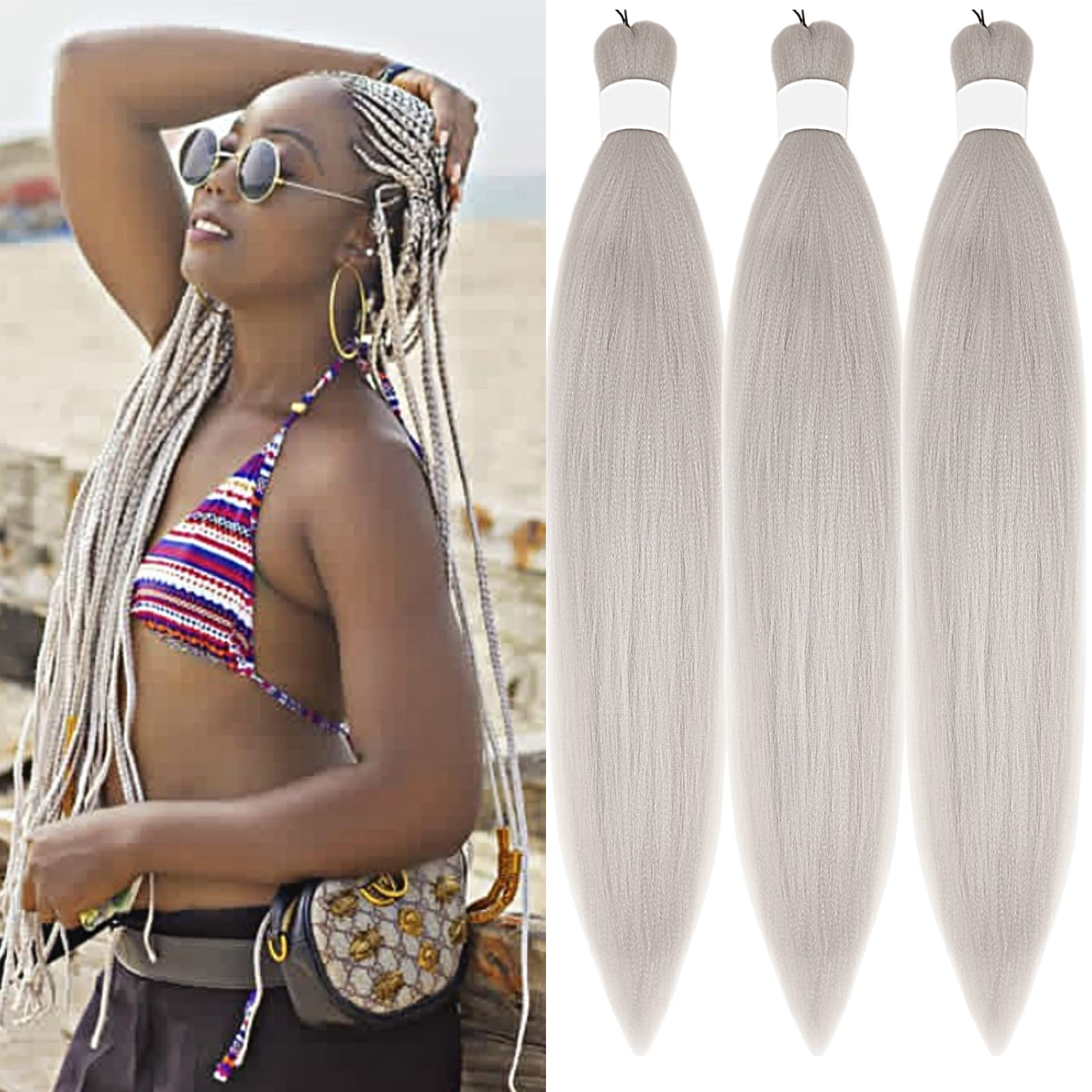 Gozill Silver Grey Brading Hair Pre Stretched Box Braids Kanekalon Braiding Hair Human Hair 26 Inch