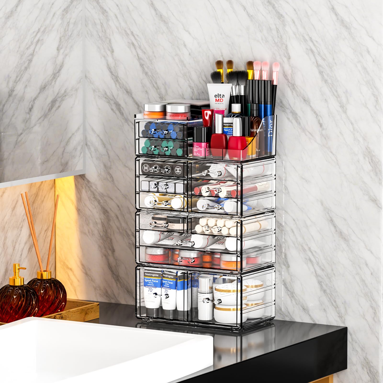 Cq Acrylic Make Up Organizers For Vanity With 14 Drawers, 4 Pack Clear Drawer Organizers,Plastic Cute Desk Accessories Organizat