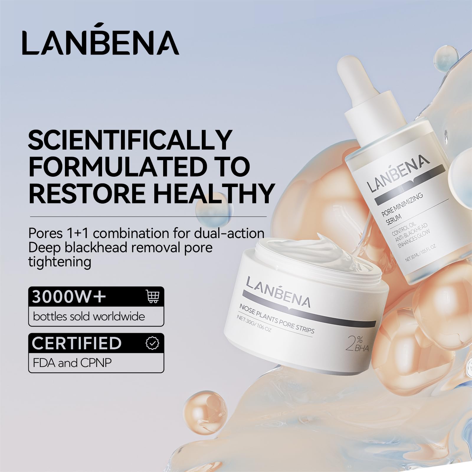 Lanbena 3-In-1 Blackhead Removal Set - Pore Strips (30G), Pore Minimizing Serum (30Ml) & Removal Paper - Mask For Face, Minimize