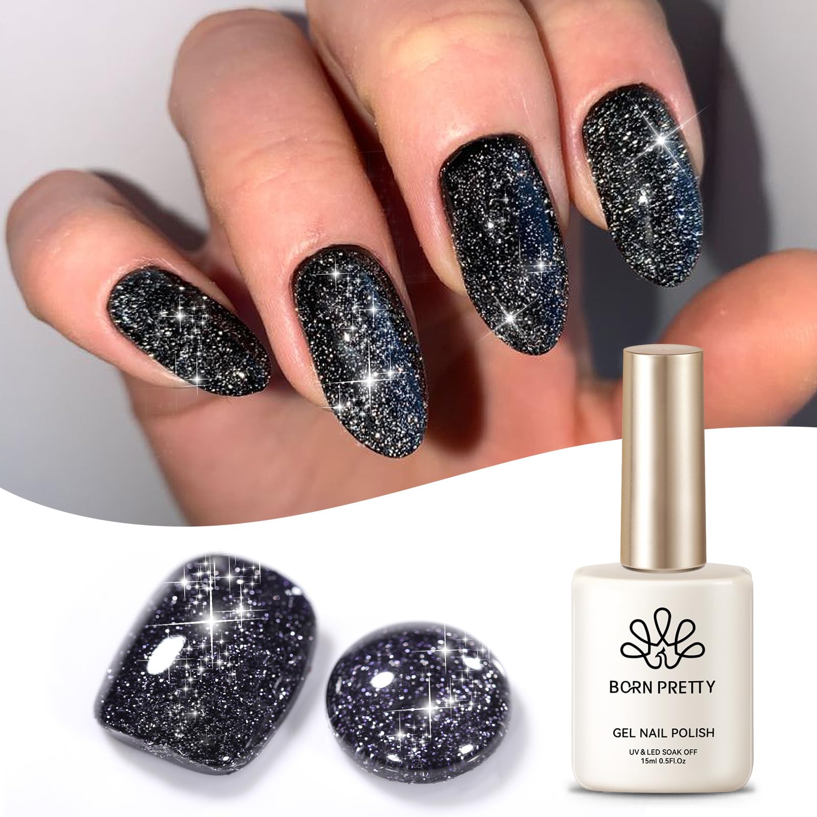 Born Pretty Black Reflective Glitter Gel Nail Polish Set for Christmas Nails Holographic Sparkle Glitter Gel Flash Soak Off Mani