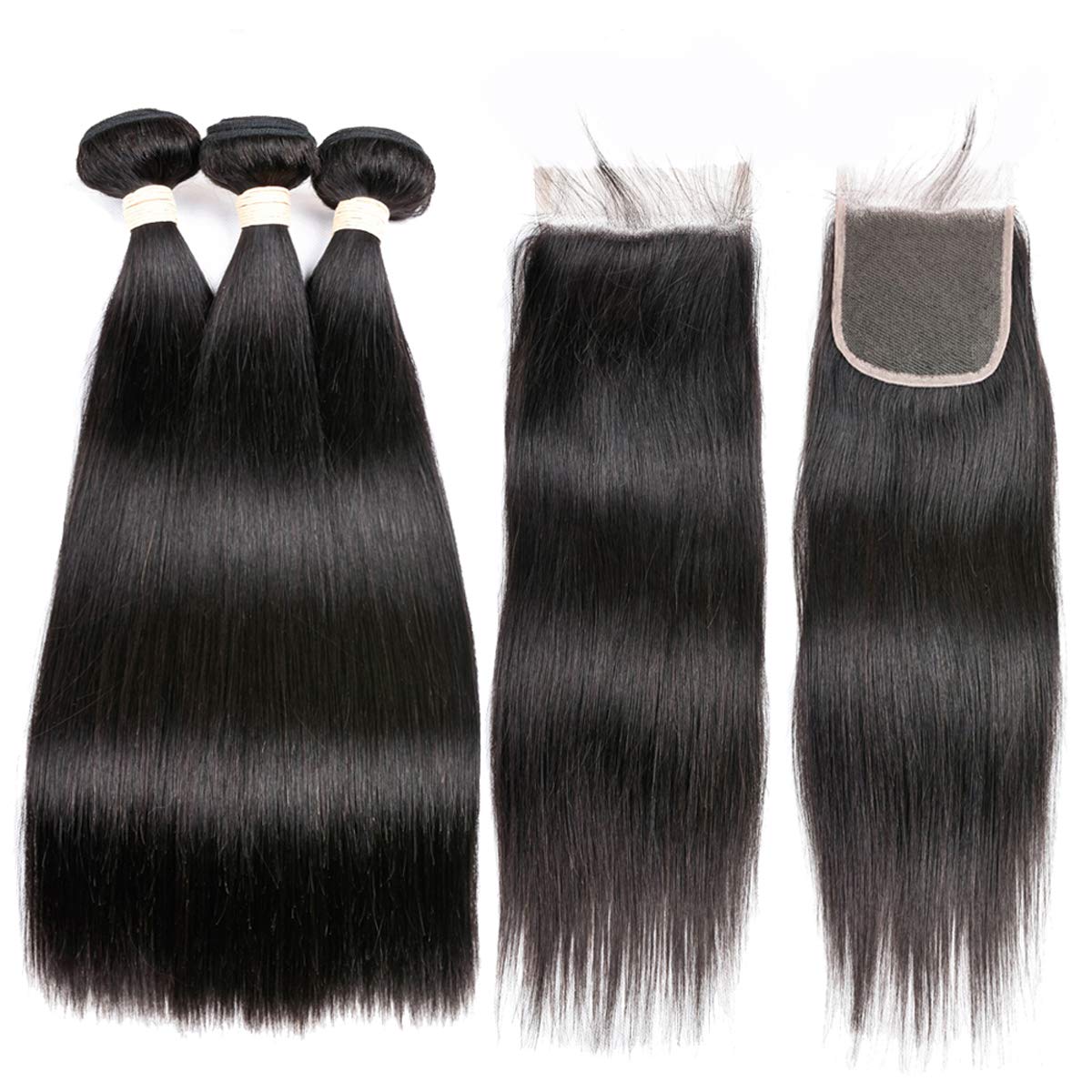 Beauhair Brazilian Straight Hair Virgin Human Hair 3 Bundles With (4X 4) Lace Closure Straight Wave Weft 100% Unprocessed Real H