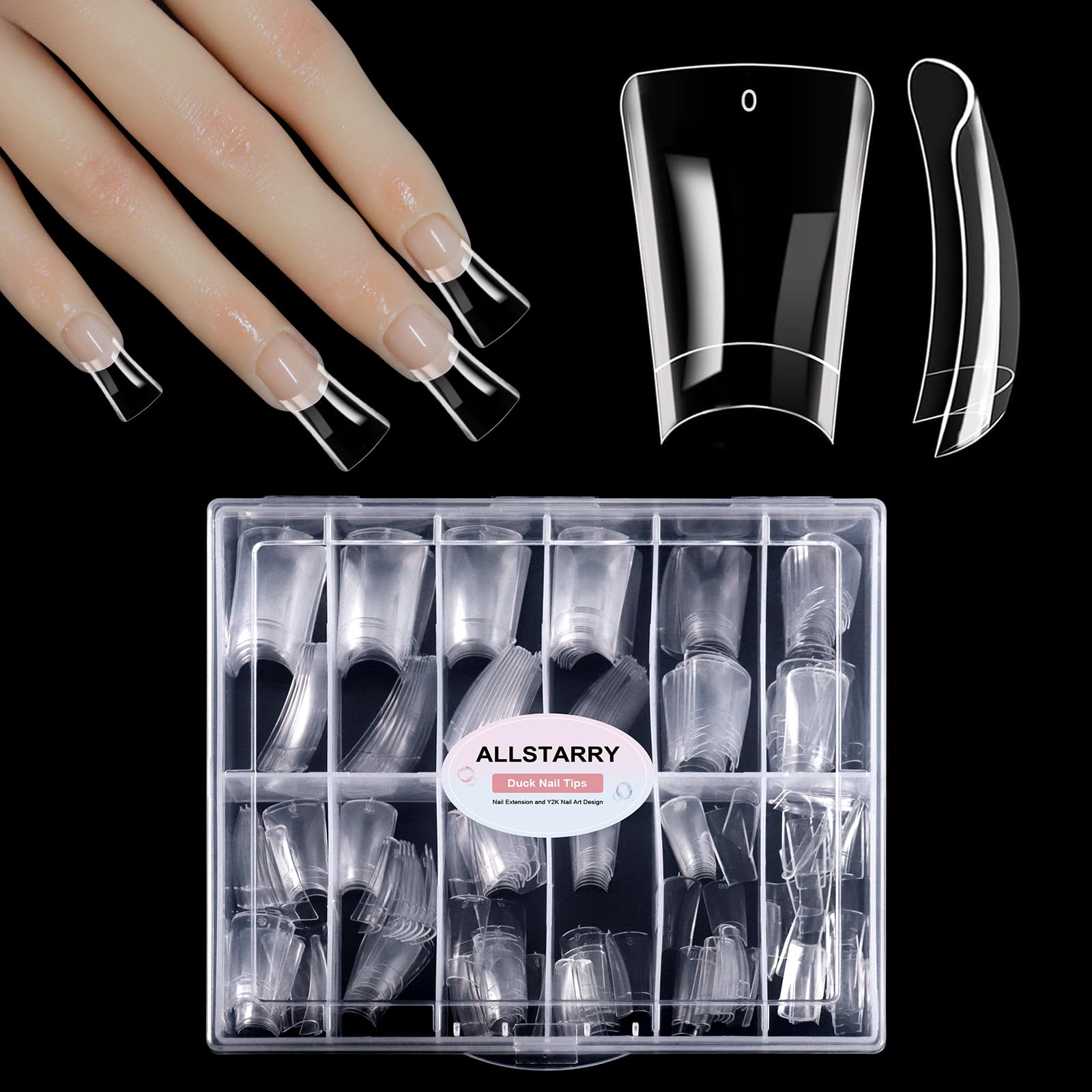 Allstarry Duck Nail Tips, 288pcs Short Curved Nail Tips Half Cover gel x 12 Sizes Clear Duck Nails Press on Crystal Ducks Feet F