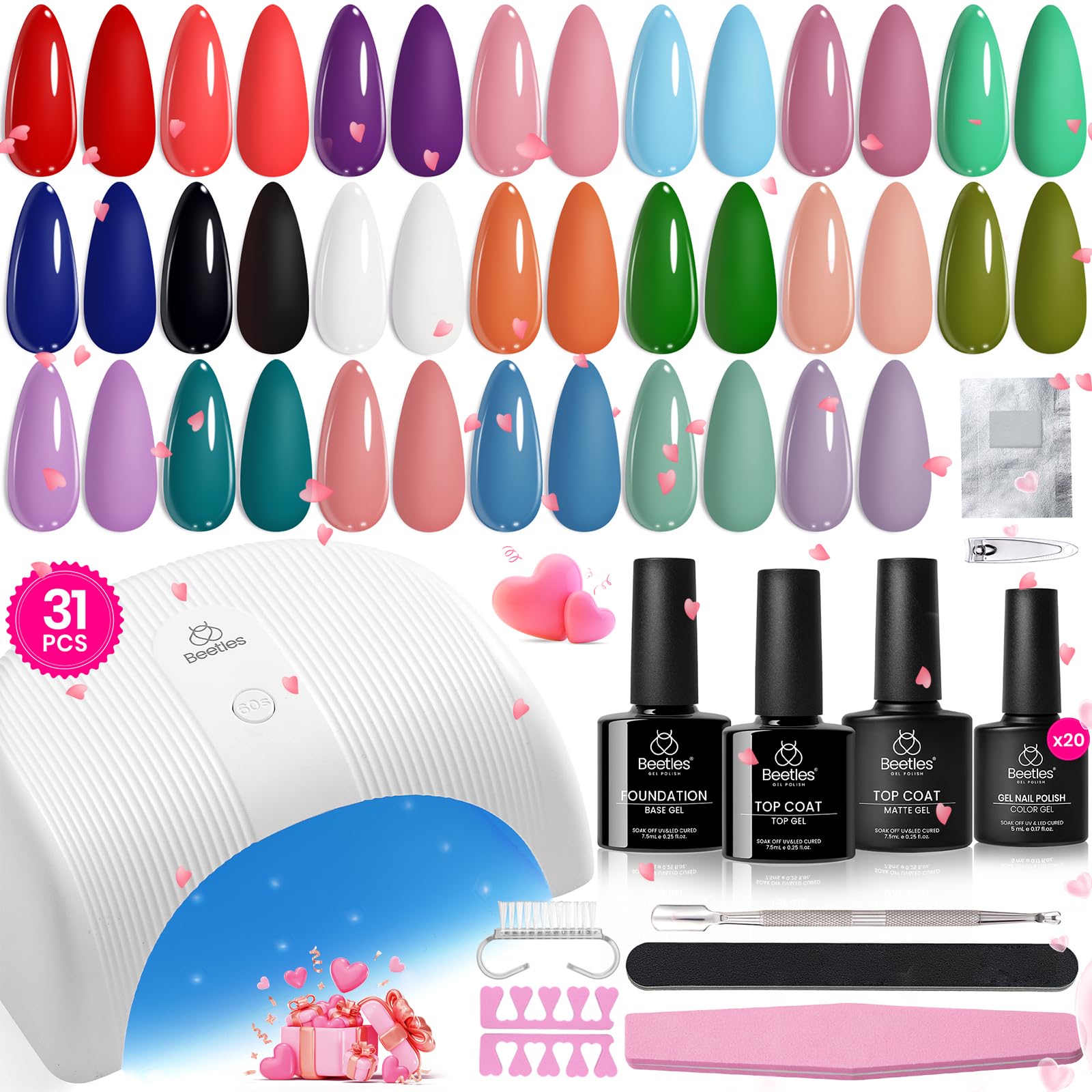 Beetles Gel Nail Polish Kit with UV Light - 31Pcs Nail Polish Set Popular Color Gel with Base and Matte&Glossy Top Coat Soak Off