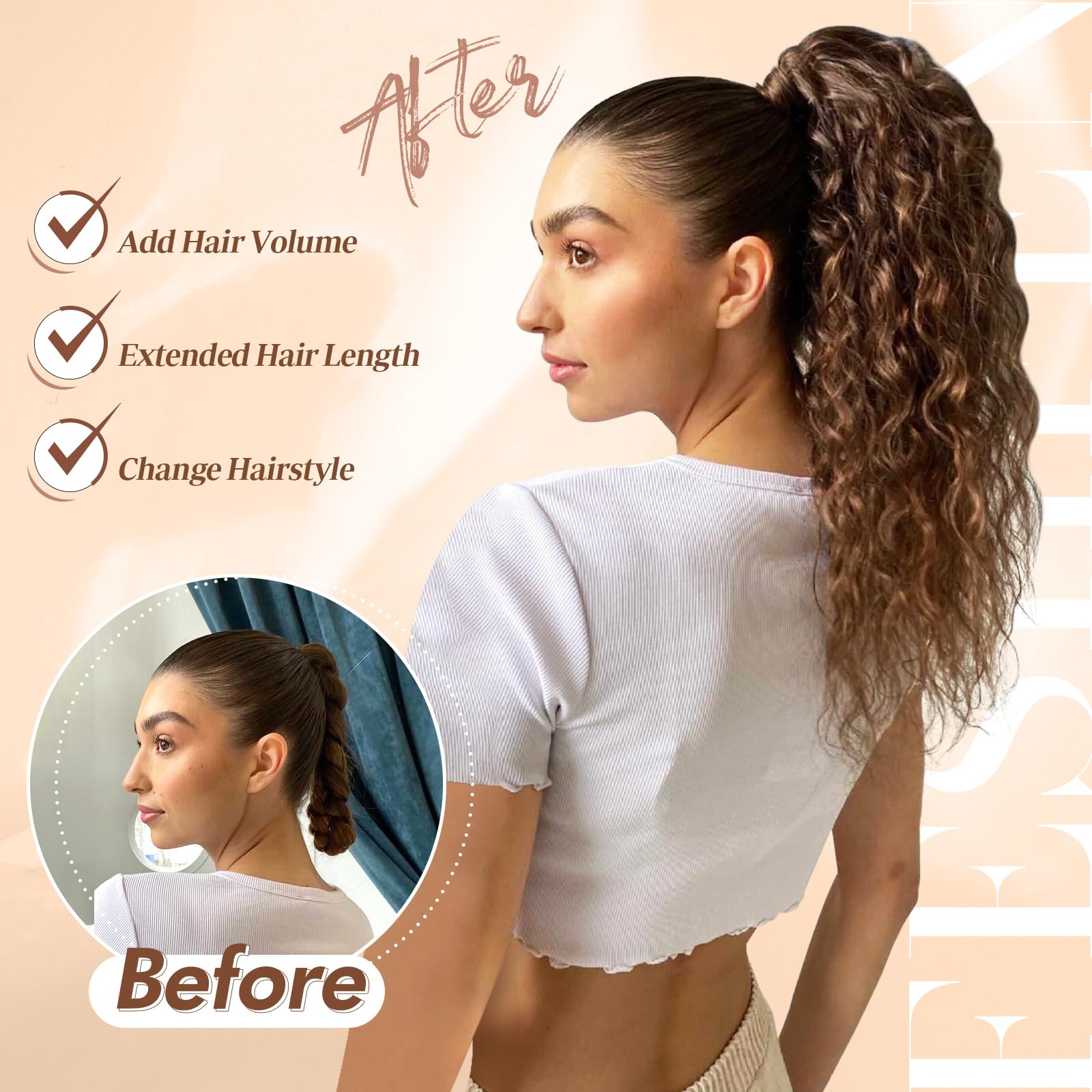 FESHFEN Ponytail Extensions, Long Curly Wavy Drawstring Ponytails Fluffy Clip in Pony Tail Hair Piece Synthetic Hairpieces for W