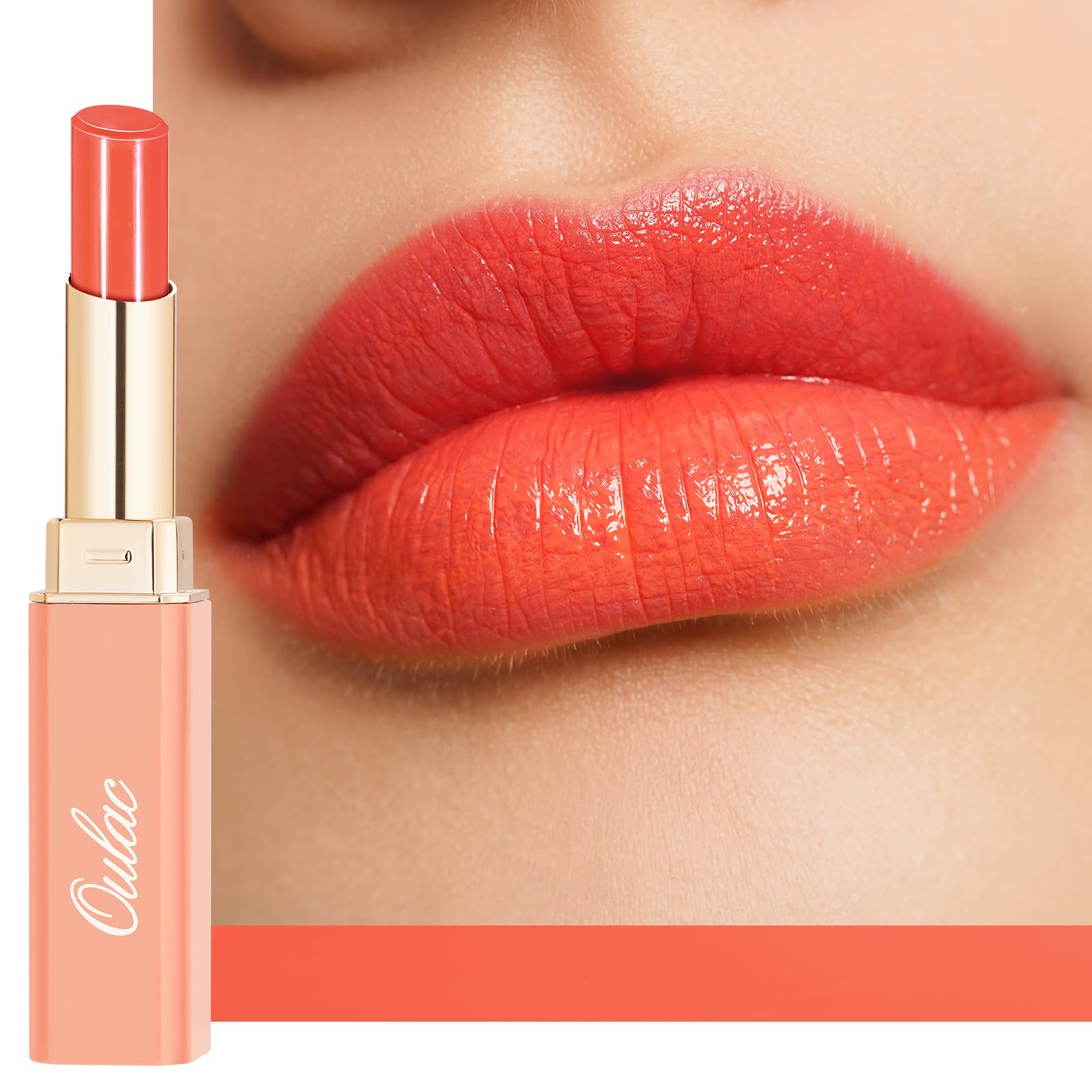 Oulac Moisturizing Shine Orange Red Lipstick for Women - 2 in 1 Orange Red Glossy Tinted Lip Balm, Hydrating Winter Lipstick for