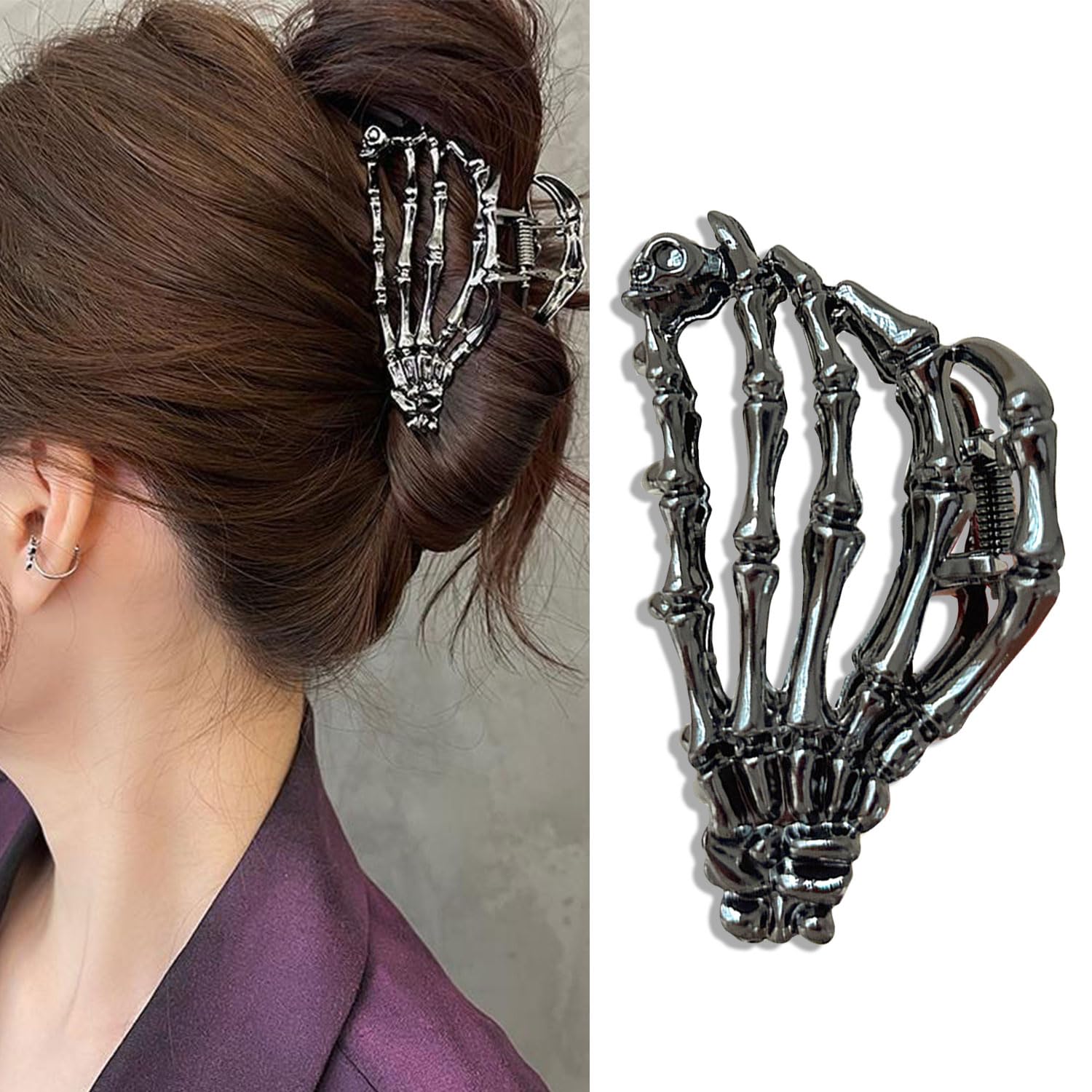 Skeleton Hand Metal Hair Claw Clips Alloy Hair Claw Clips, 1Pcs Gunmetal Hand Skull Metal Hair Clip for Thin Hair Punk & Y2K-Sty