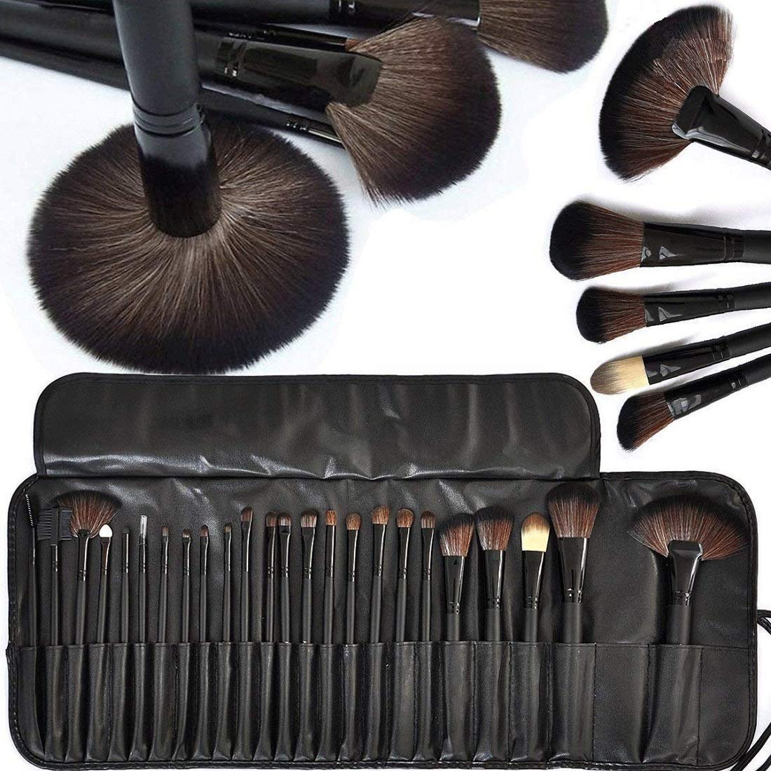 Angelie Black Makeup Brush Set Of 24 With Black Leather Case