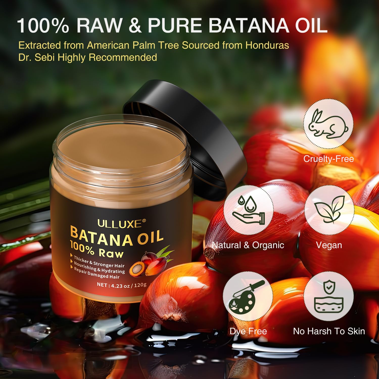 ulluxe Raw Batana Oil - 100% Natural Hair Growth Oil, 4.23 Fl Oz, Brown, Organic Treatment for Thicker Hair & Scalp Care