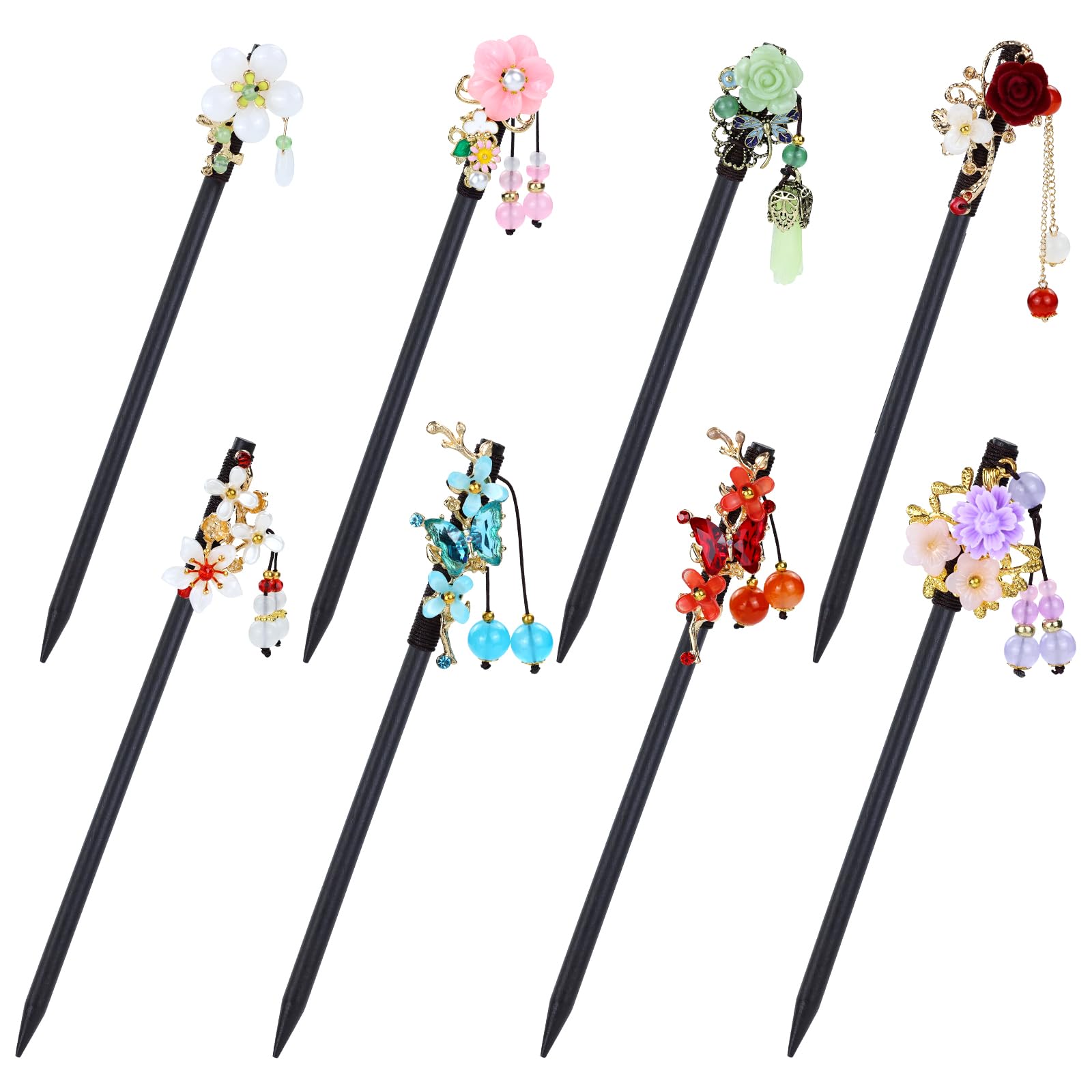 inSowni 8 Pieces Retro Asian Chinese Traditional Hanfu Butterfly Flower Wooden Hair Sticks Pins with Bead Pendants Hair Chopstic