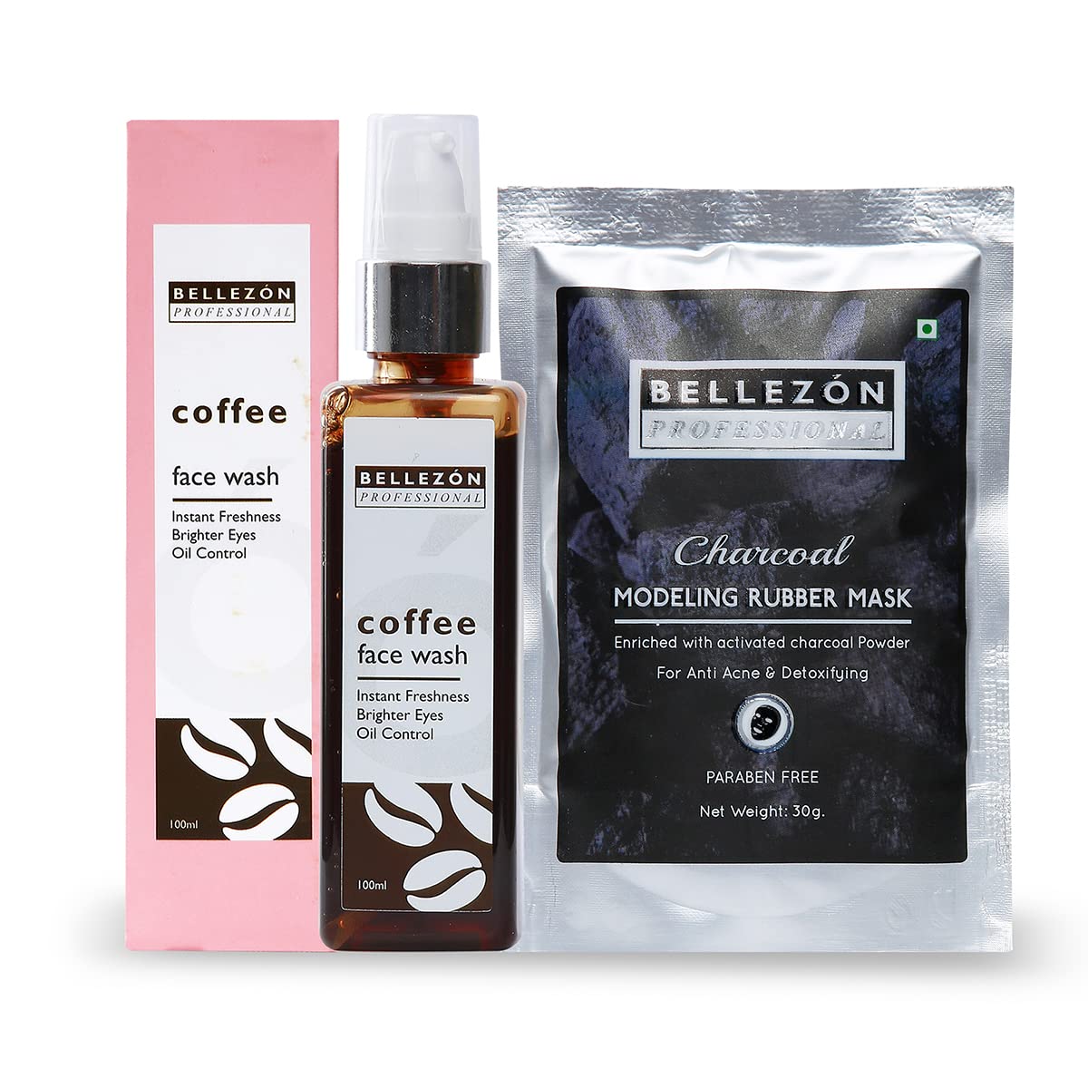 Bellezon Professional Combo Of Coffee Facewash & Charcoal Modelling Rubber Mask | Instant Freshness | Brighter Eyes | Oil Contro