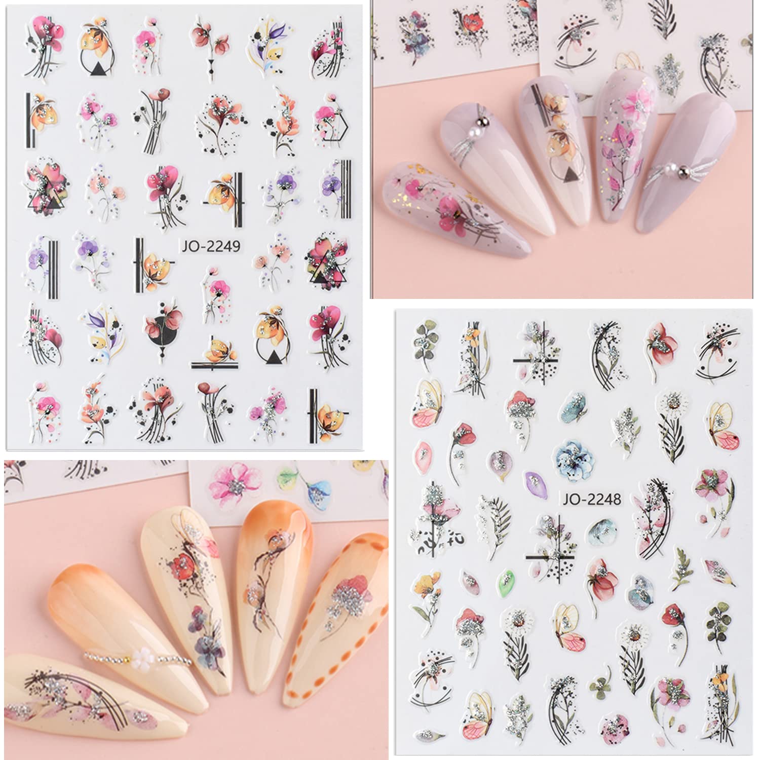 Zoance Flowers Nail Art Sticker Dacals, Holographic Nail Glitter Design Nail Stickers Floral Spring Nail Decals 3D Self-Adhesive