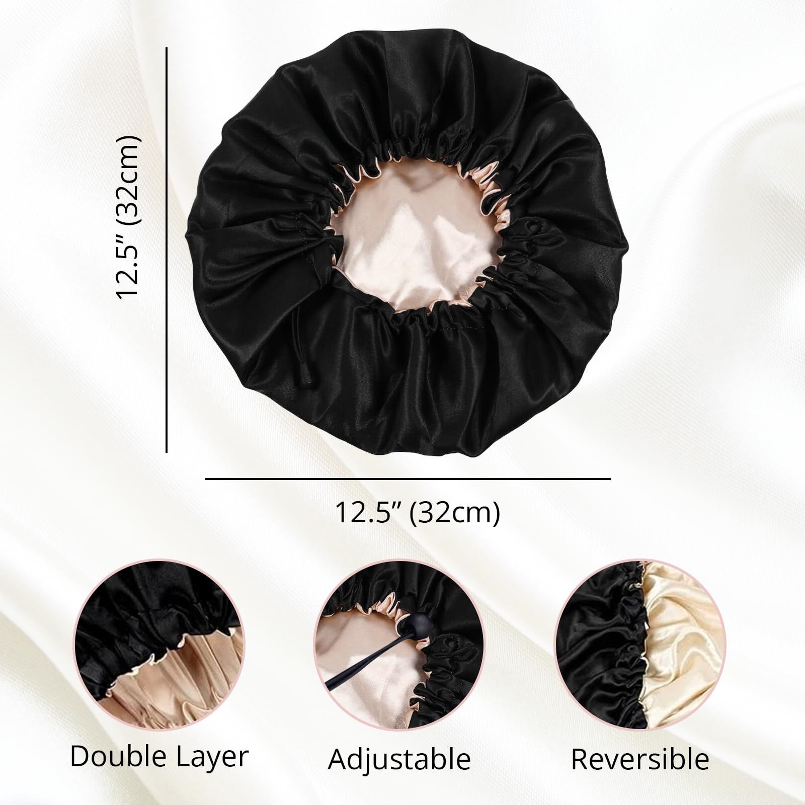 Wigi 100% Silk Satin, Double-Layer, Silk Bonnet For Sleeping Satin Bonnet With Scrunchie Gift, Breathable & Adjustable Black