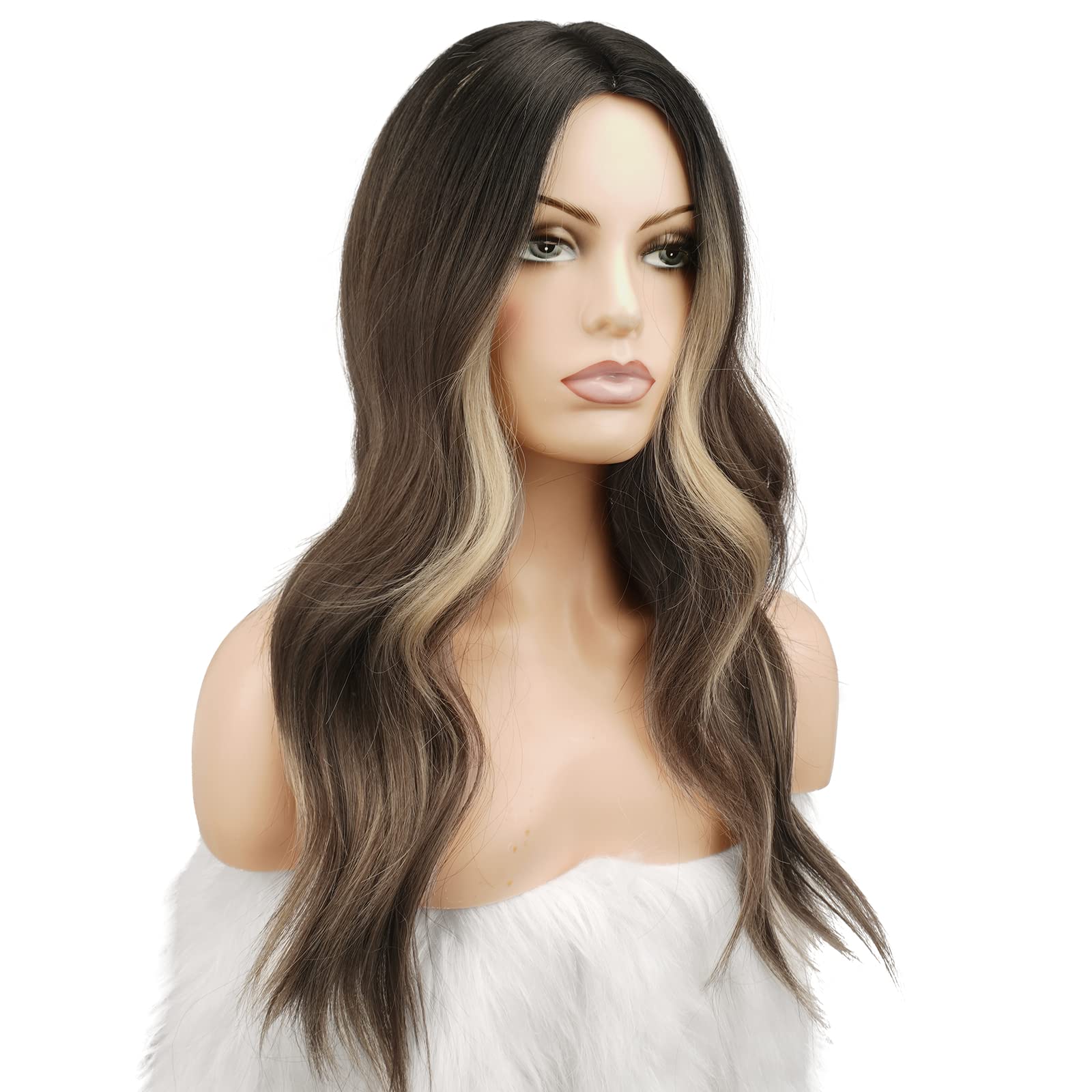 Feshfen Long Brown Blonde Wavy Wig, Long Wavy 22 Inch Middle Parting Wig For Women Natural Wavy Heat Resistant Synthetic Wig For
