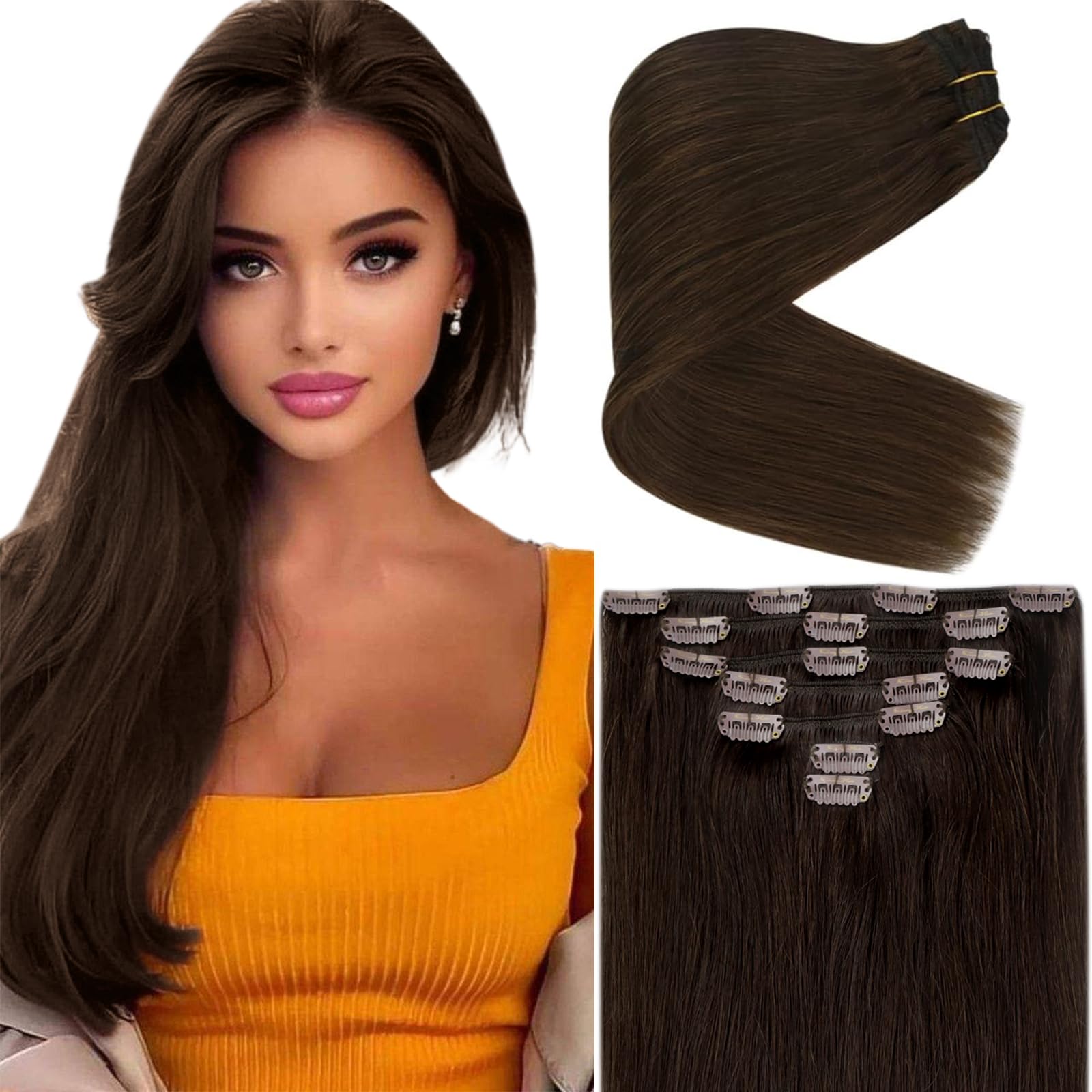Ve Sunny 22Inch Brown Clip In Hair Extensions Human Hair Clip In Extensions Chocolate Brown Clip In Human Hair Extensions Long H