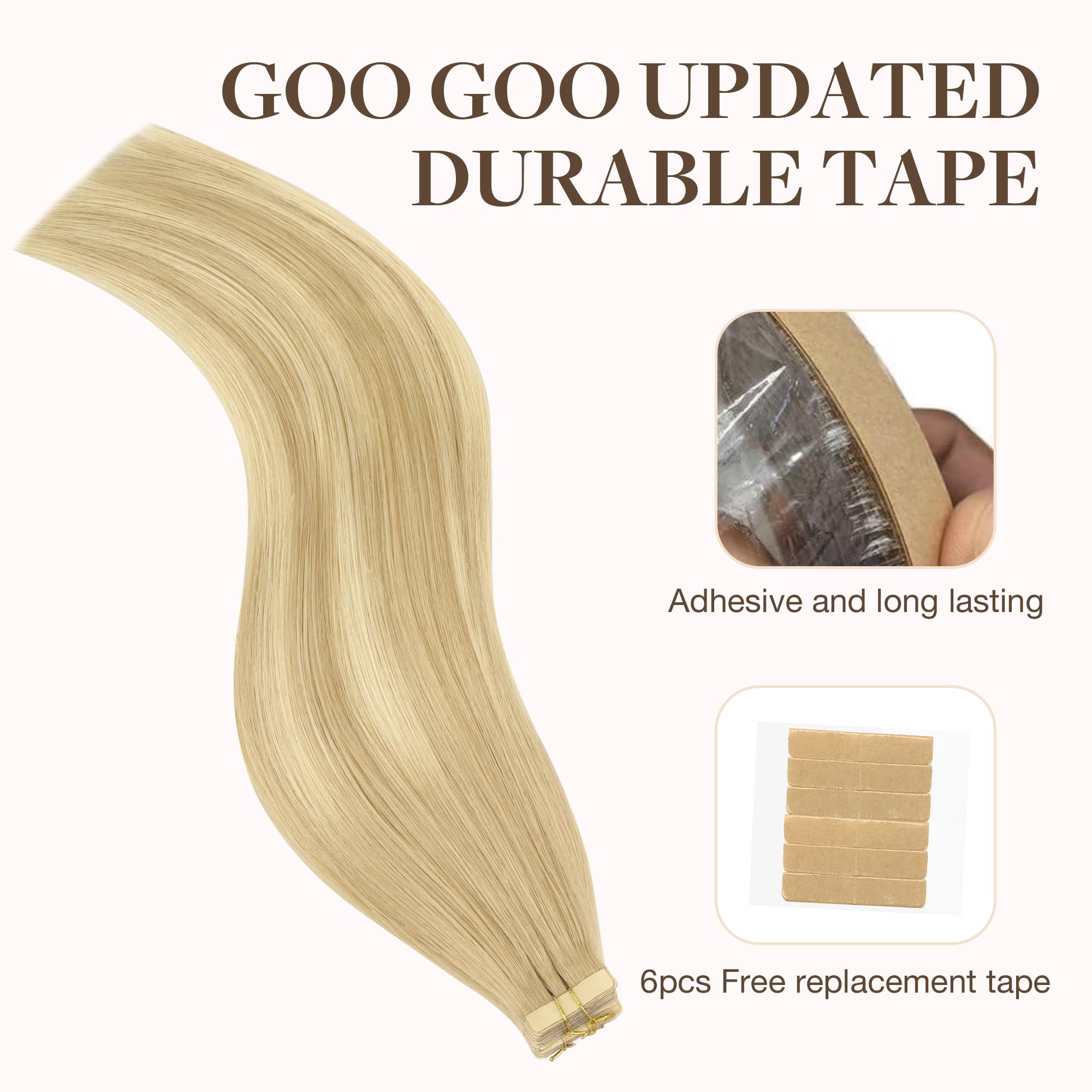 Goo Goo Tape In Hair Extensions Human Hair, 18At60A Pearl Ash Blonde Highlights, 16Inch 100G 40Pcs, Thick Ends Straight Seamless