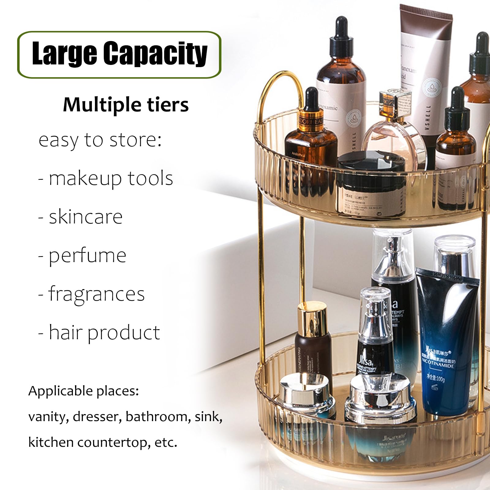 Zufudo Rotating Makeup Organizer 2 Tier Lazy Susan Trays Skincare Perfume Organizer For Bathroom Counter Vanity, Amber Gold