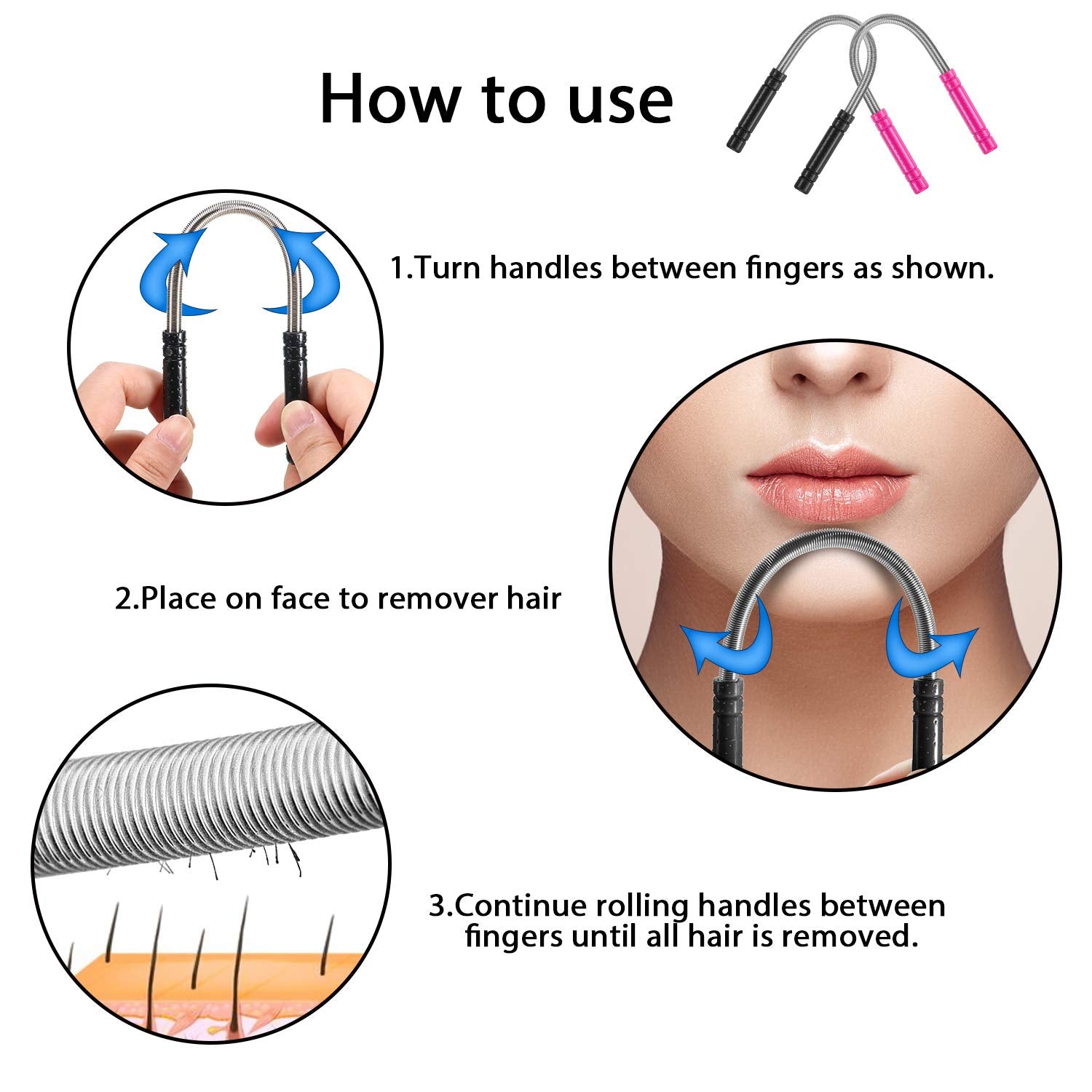 12 Pieces Facial Hair Removal Spring Eyebrow Face Epilator Threading Tool For Women Chin Cheek Mustache Upper Lip (Rose Red, Bla