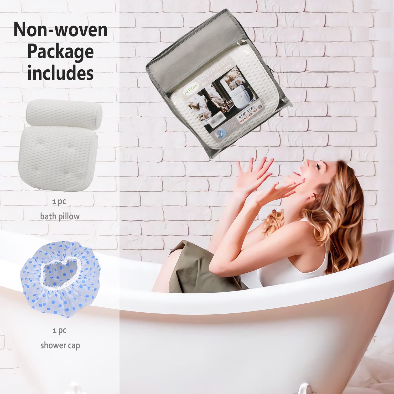Aeroivi Bathtub Pillow Headrest Bath Pillows For Tub Neck And Back Support With Non Slip Suction Cups Spa Bath Cushion Relaxing