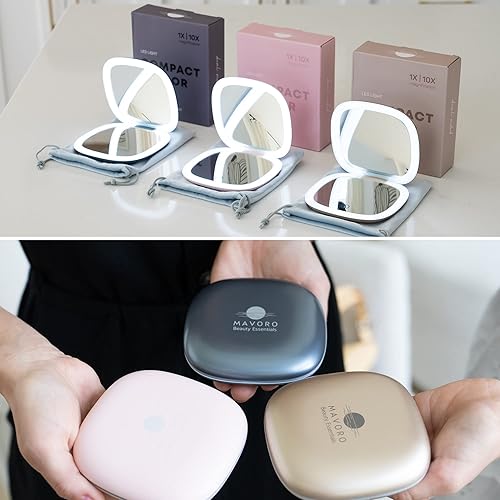 Mavoro LED Lighted Travel Makeup Mirror, Rechargeable, 1x/10x Magnification - Daylight LED, Pocket or Purse Mirror, Small Travel