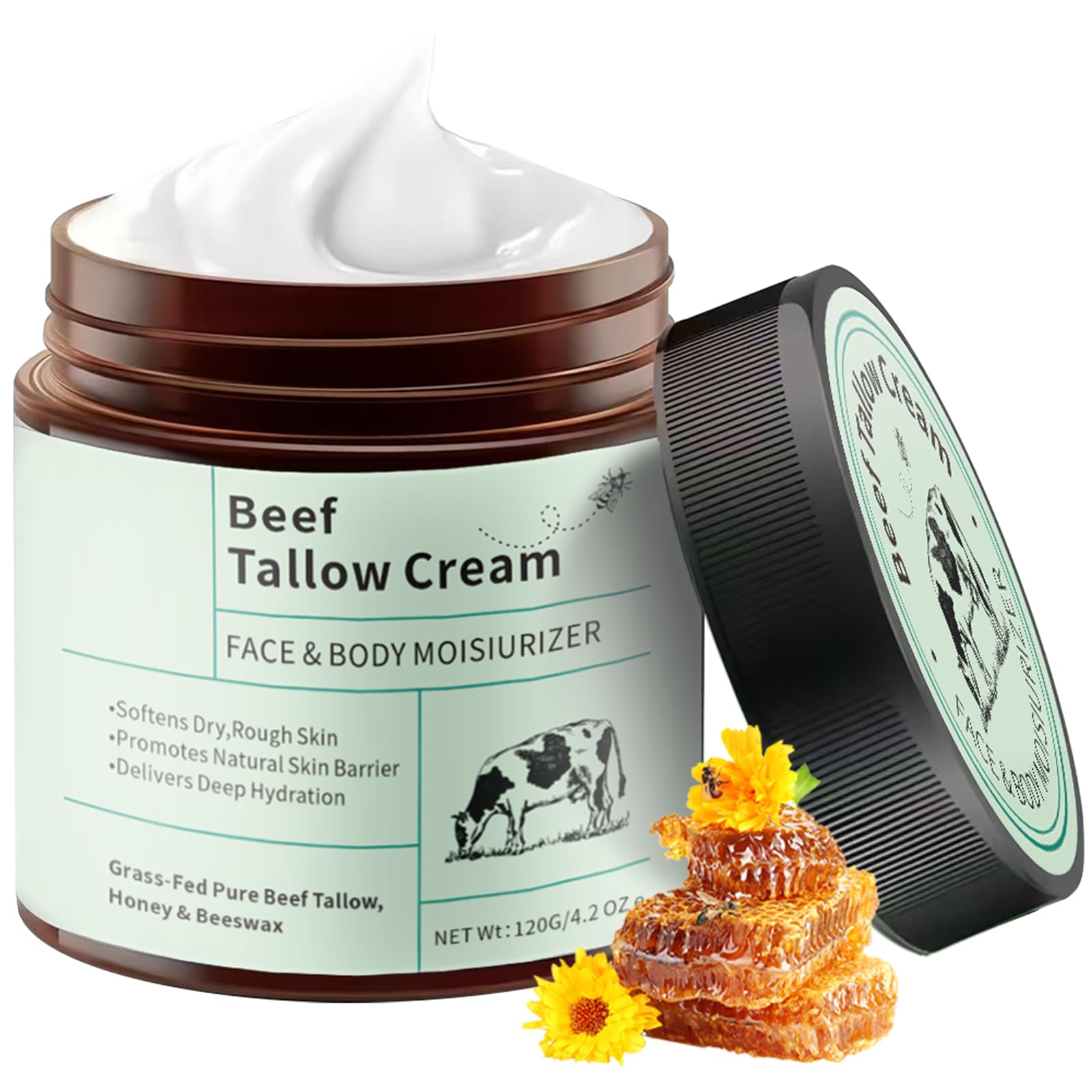 ZTSGU Beef Tallow Honey Balm, 100% Organic Grass-Fed Beef Tallow for Skin Moisturizer Cream for Dry or Sensitive Skin. (1Pcs 4.2