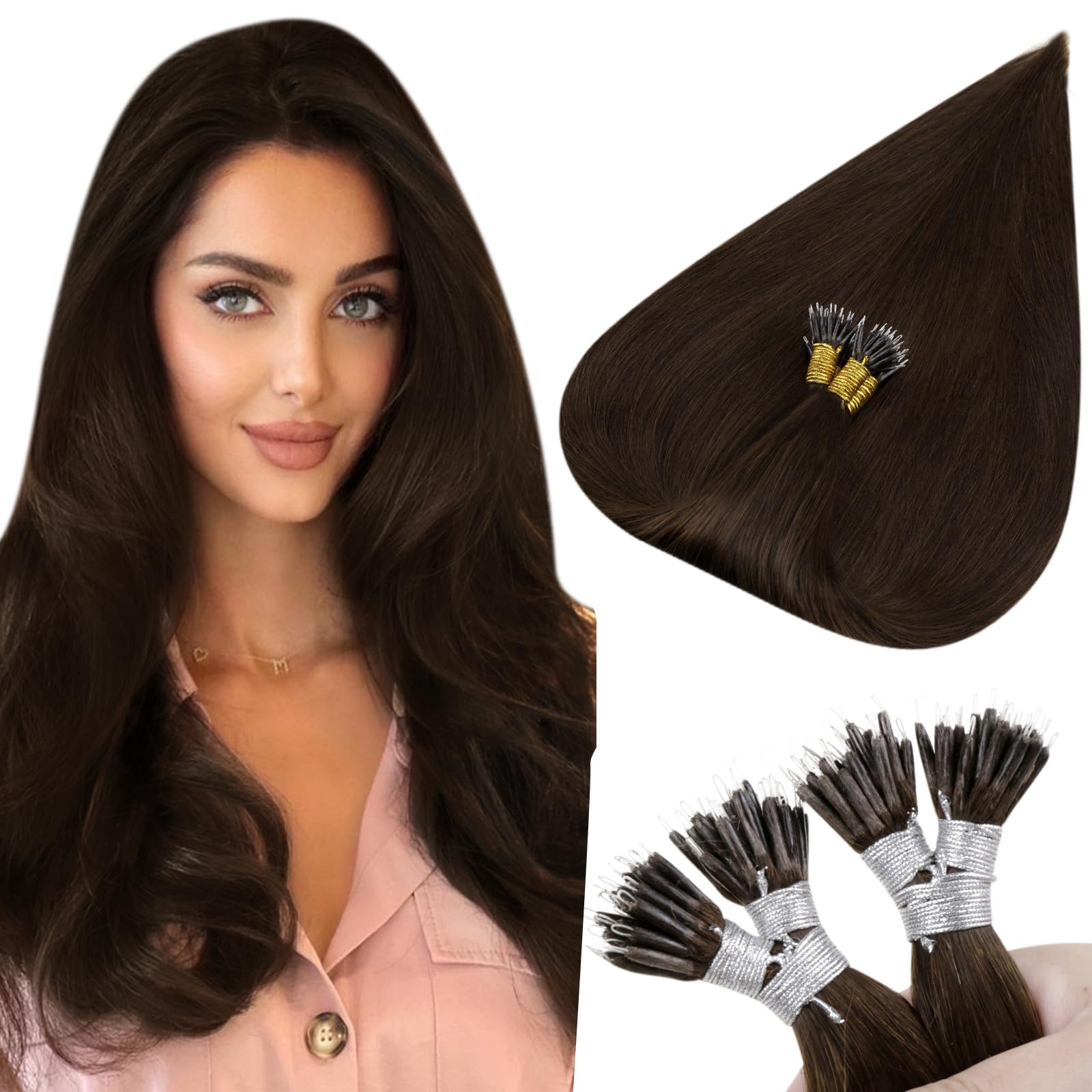 Hetto 20 Inch Nano Beads Brown Hair Extensions Real Human Hair Nano Ring Hair Extensions #4 Dark Brown Nano Link Human Hair Exte
