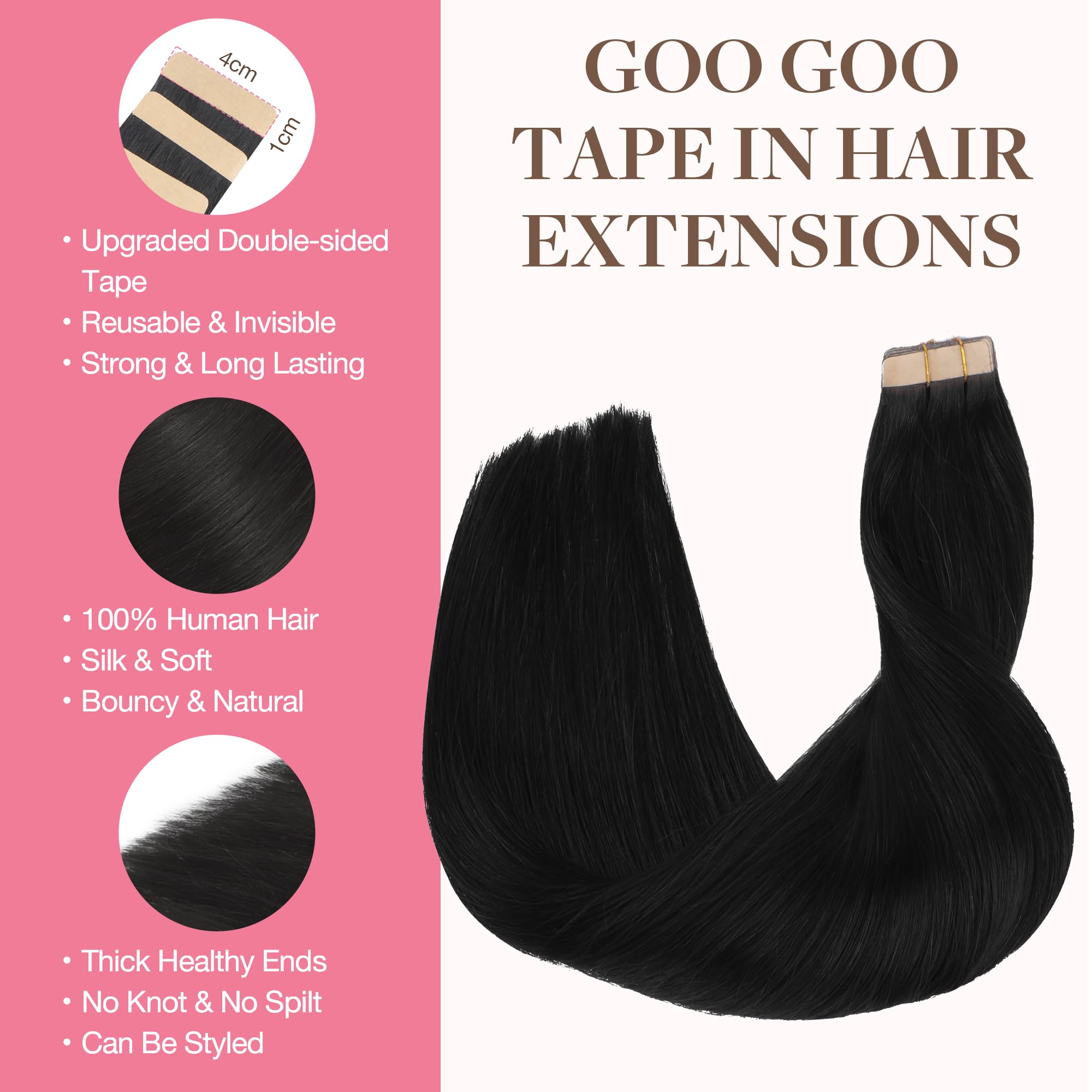 Goo Goo Tape In Hair Extensions Human Hair, 1 Jet Black, 18Inch 25G 10Pcs, Thick Ends Straight Seamless Tape In, Invisible Tape
