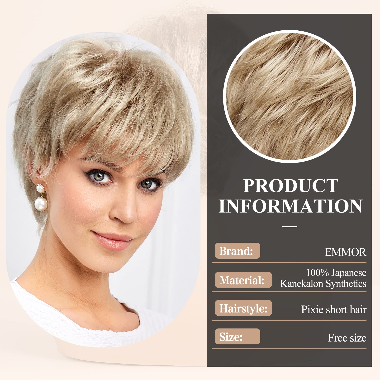 EMMOR Short Wigs for Women Memory Fiber Simulated Human Hair Pixie Curly Wig With Bang,Natural Daily Use Hair(Color 25# Ash Blon