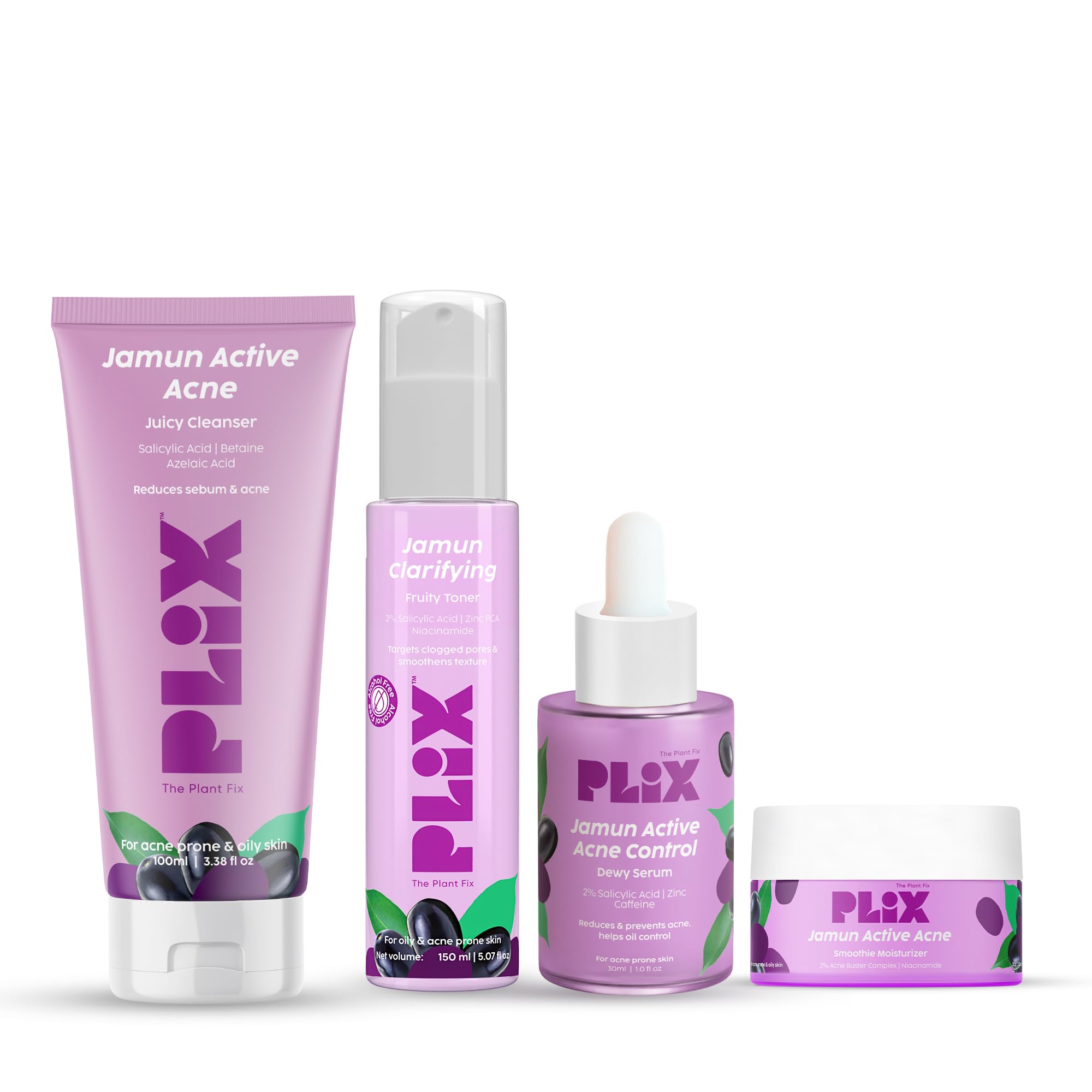 The Plant Fix Plix Jamun Active Acne Range With Cleanser, 2% Salicylic Acid Serum, Smoothie Moisturizer, & Toner L Reduces Activ