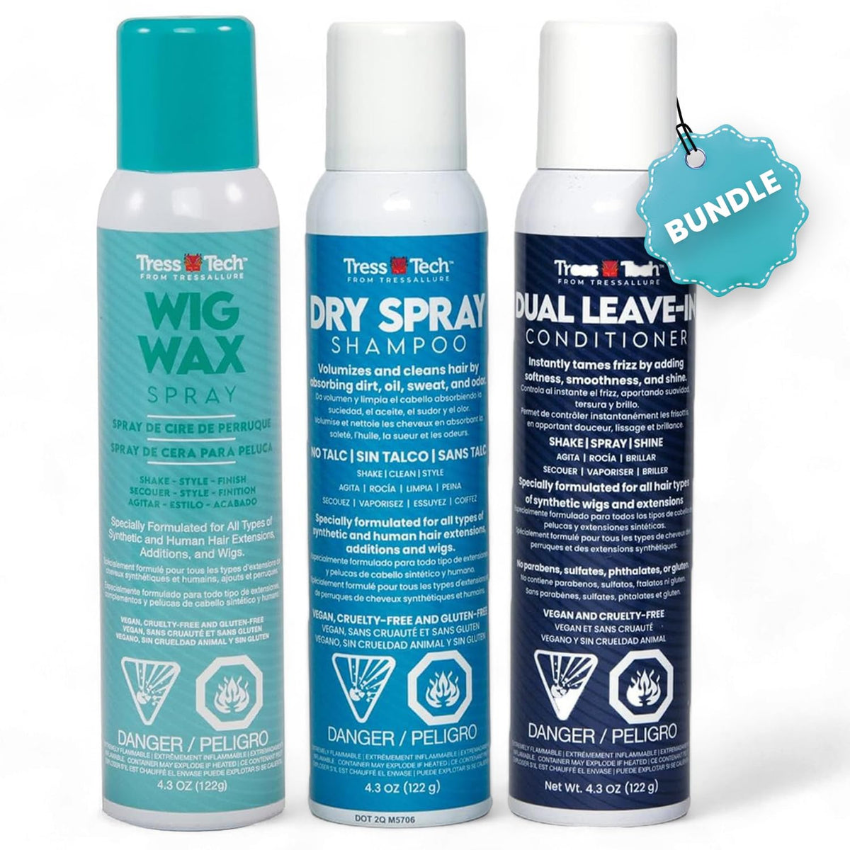 TressTech Dry Spray Wig Treatment System (3-Pack, 4.3 Fl. Oz.): Wig Wax, Dry Shampoo, Dual Leave-In Conditioner (4.3 Ounce (Pack