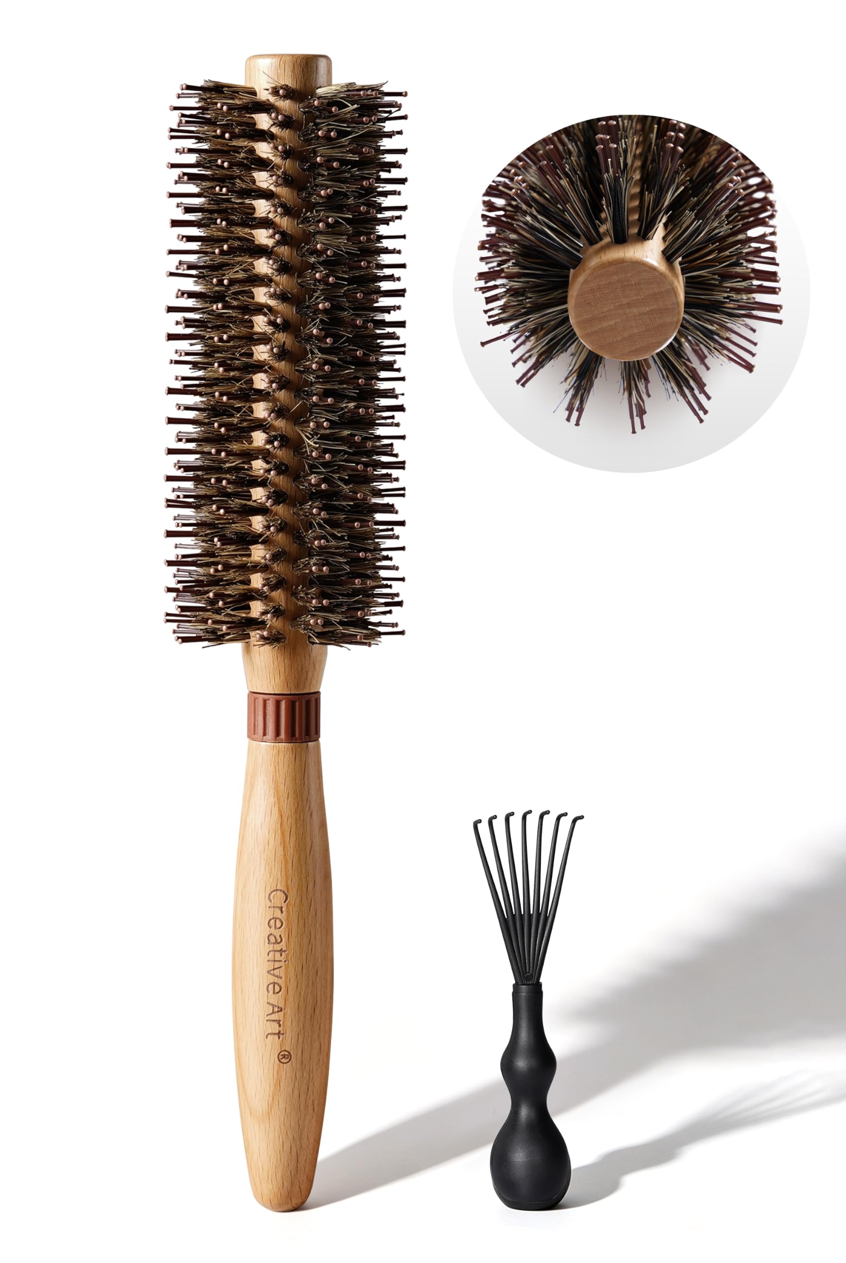 Boar Bristle Round Brush, Wooden Hair Styling Hairbrush for Volume