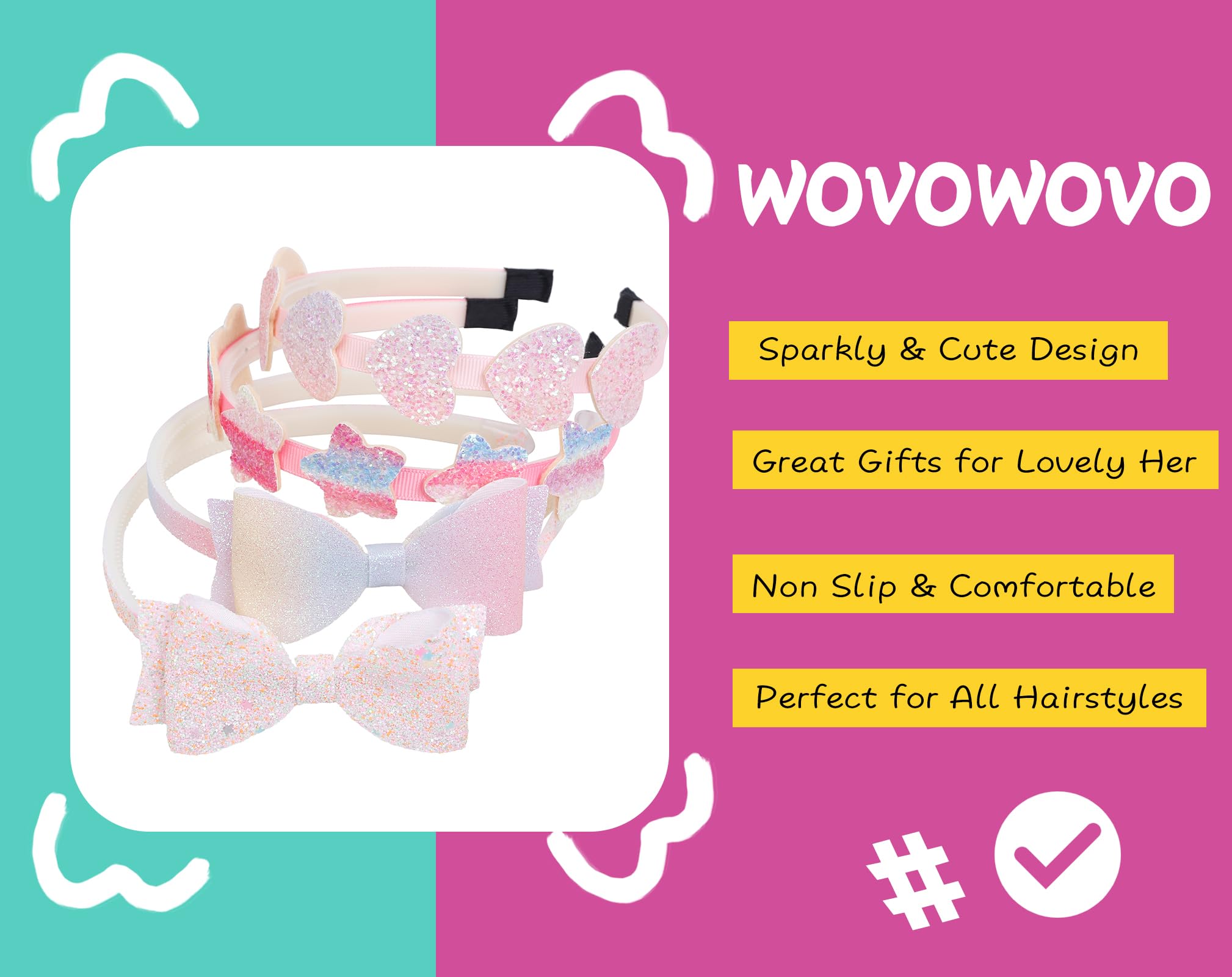 WOVOWOVO Headbands for Girls 6 Packs Girls Headbands Glitter Toddler Hair Accessories, Cute Kids Head Bands for Ages 4-12, Sweet