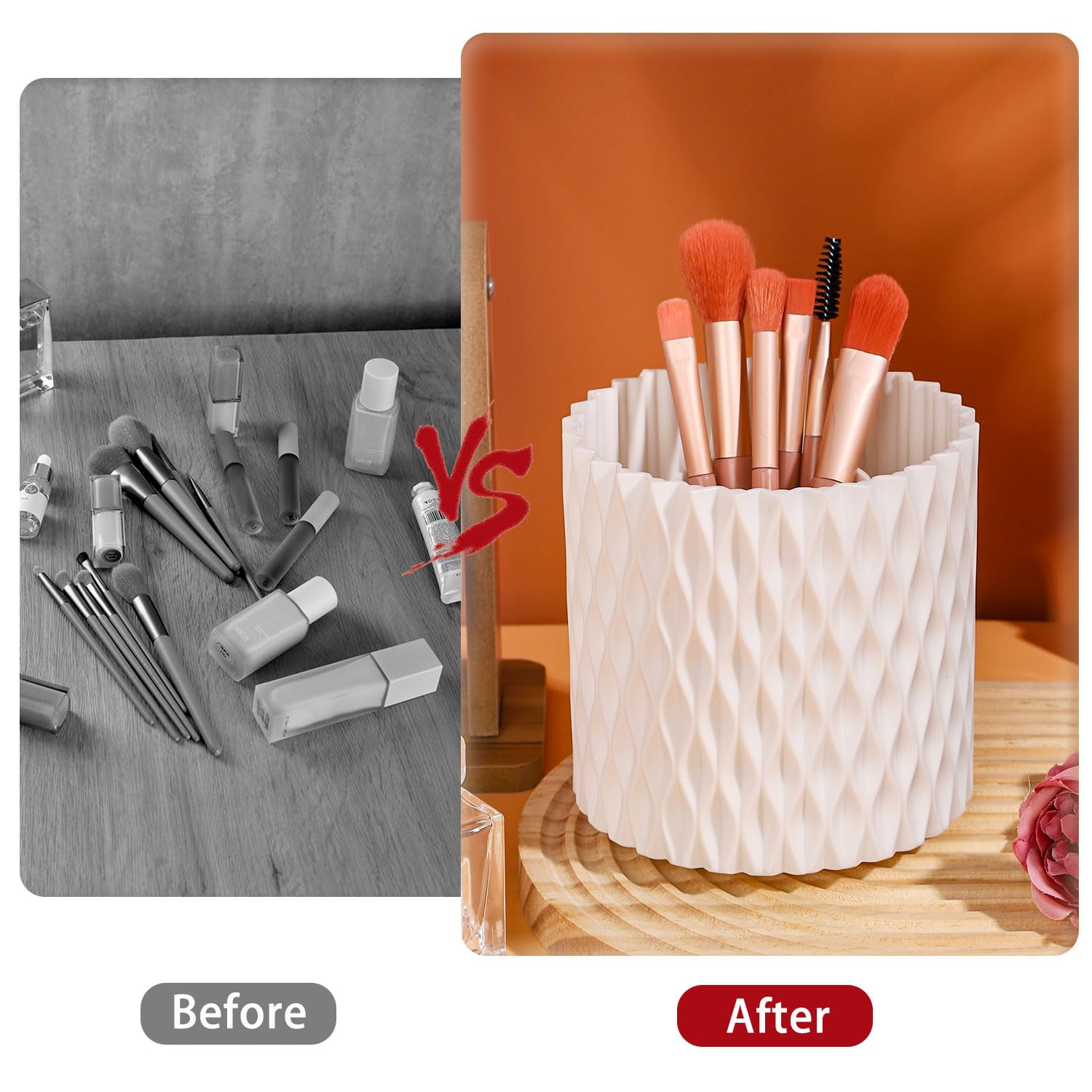 RAMFIYN White 360 Rotating Makeup Organizer, Spinning Makeup Brush Holder, Unique Textured Makeup Brush Cups for Vanity Decor, L