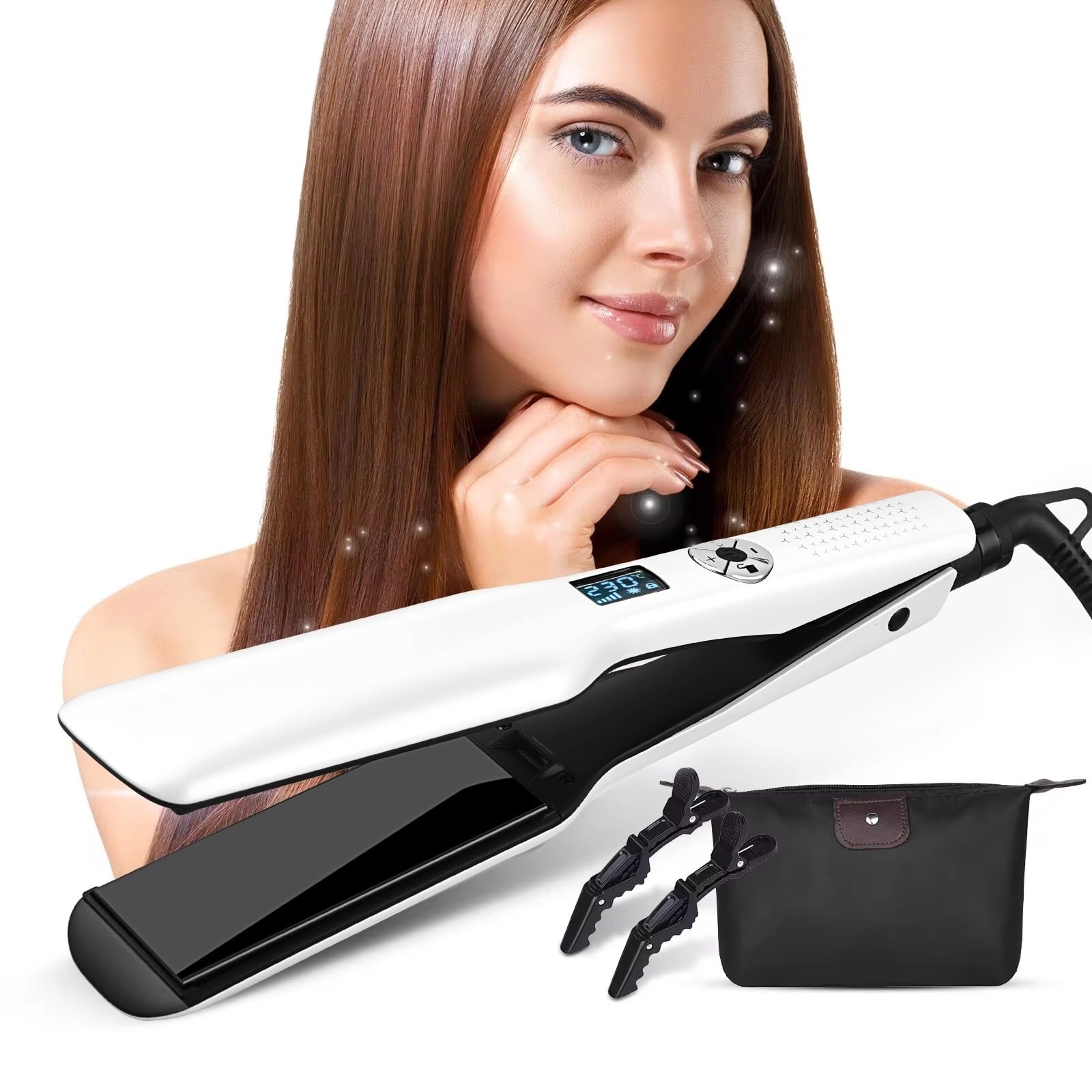 44mm Tourmaline Ceramic Hair Straightener Display Fast Heating Flat Iron Adjustable Temperature Straightening Iron(US)
