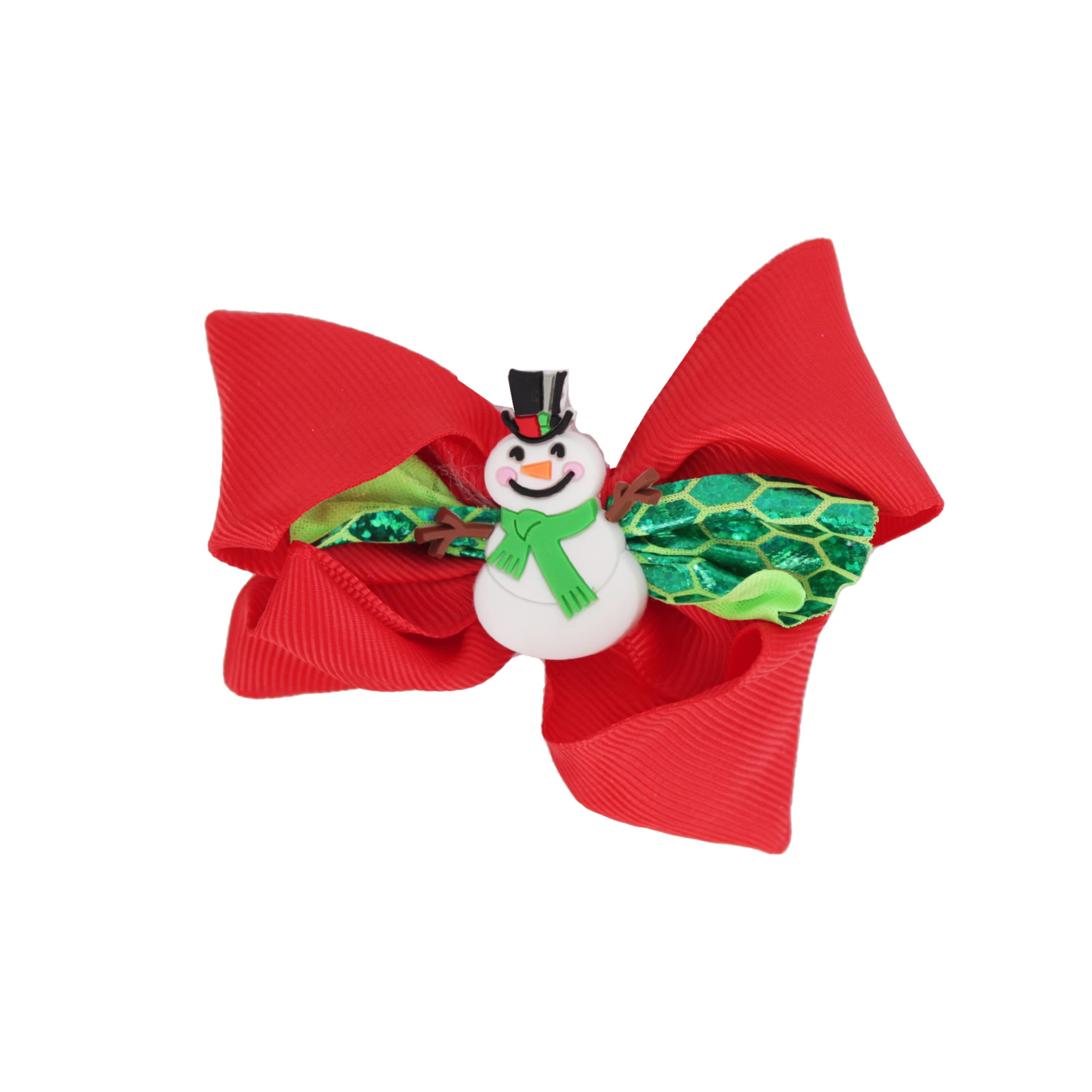 Hair Bow Printed Christmas Bow with Silicone Charm - Green Layer Snowman