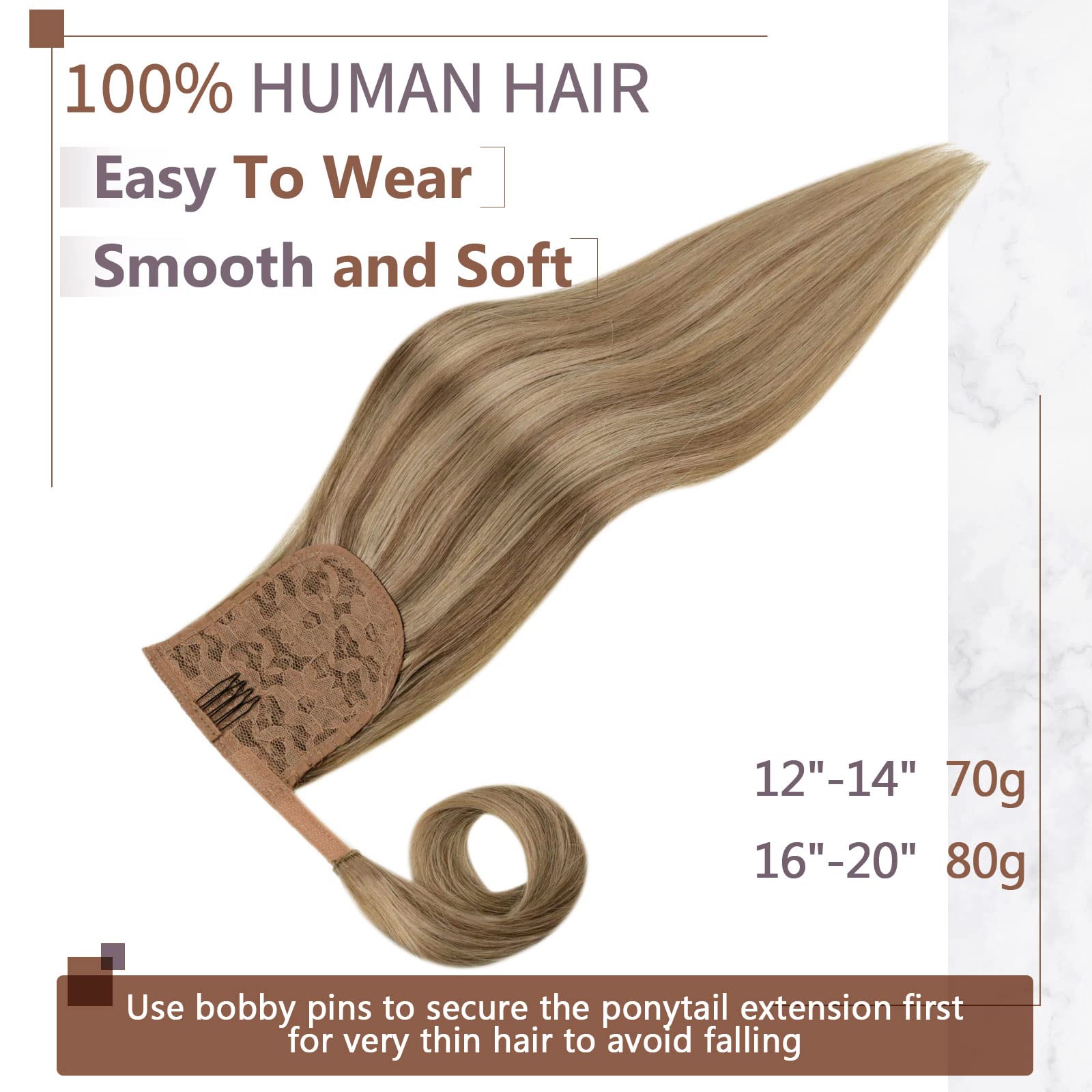 RUNATURE Blonde Human Hair Ponytail Extension 16 Inch Straight Clips Ponytail Hair Extensions Human Hair Thick Dark Blonde with
