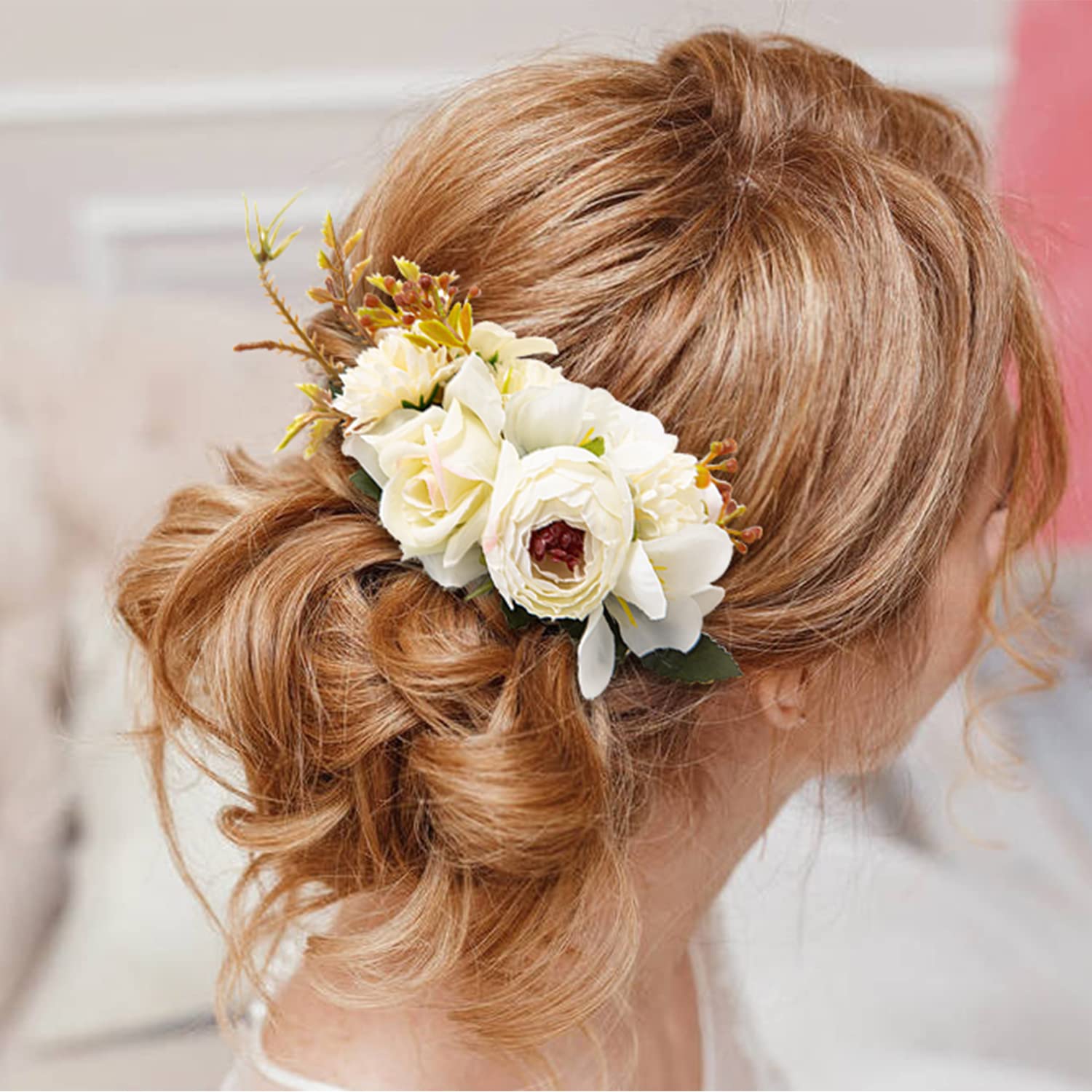 Cinaci 4 Pack Large Artificial Flower Metal Hair Side Combs Floral Slide Hair Clips Wedding Bridal Headpieces Hairpins Barrettes