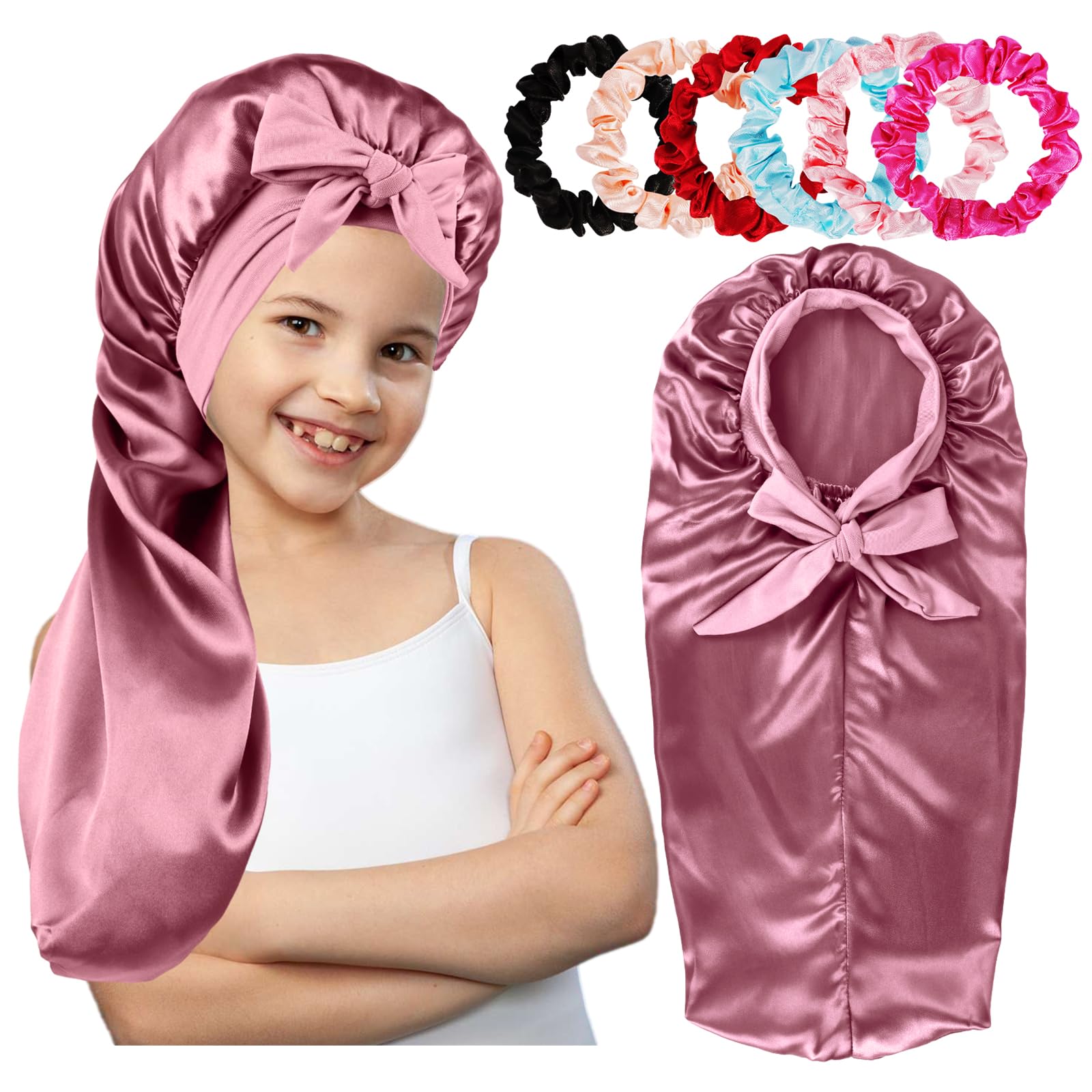 Long Kids Bonnets for Girls,Bonnet for Sleeping Kids,Satin Bonnet for Kids Braids,Curly Hair (Rose Gold)
