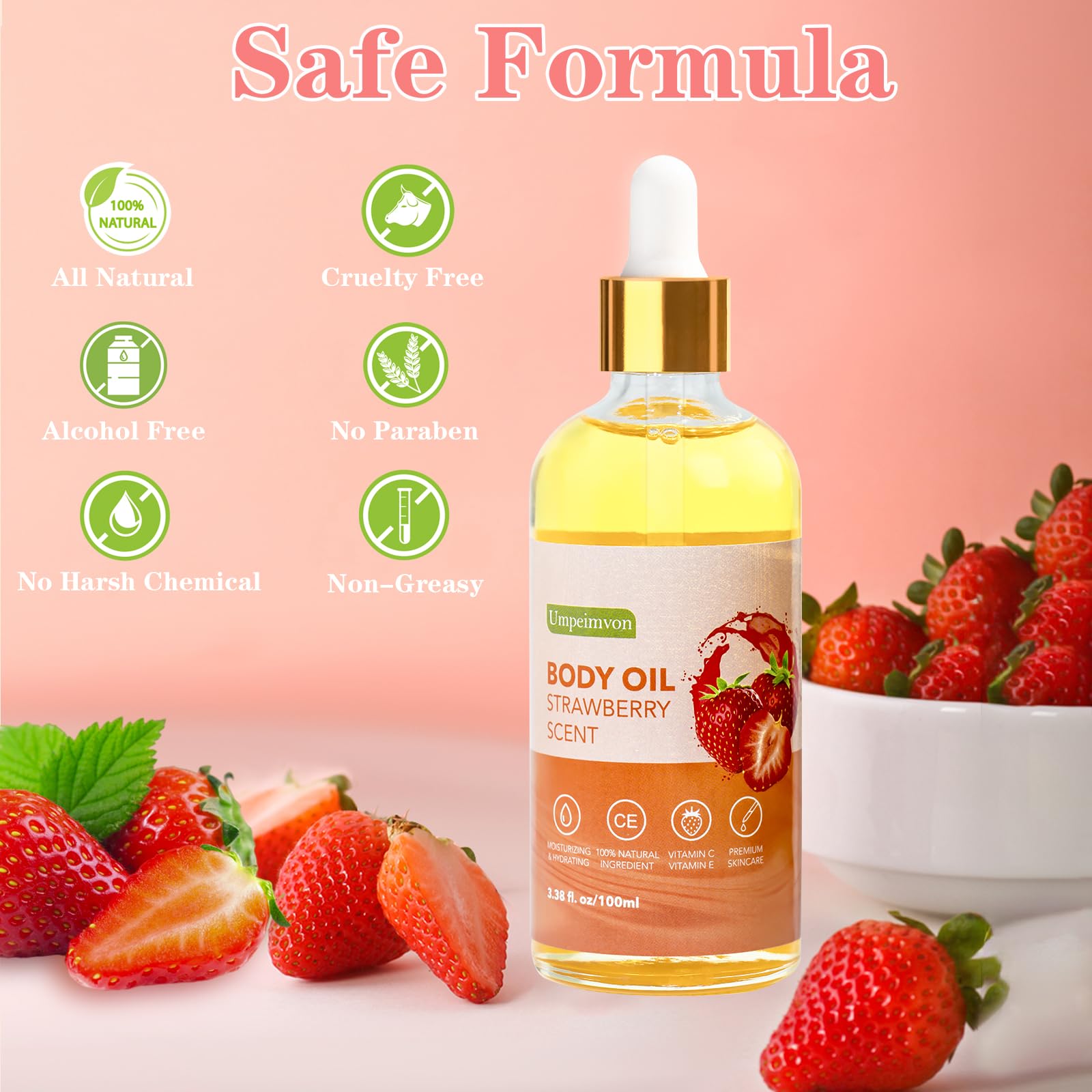 Umpeimvon 2 Pack 3.38 Fl.Oz Strawberry Body Oil After Shower, Vitamin C & E Gua Sha Body Oils Scented Body Oils For Women, Dry B
