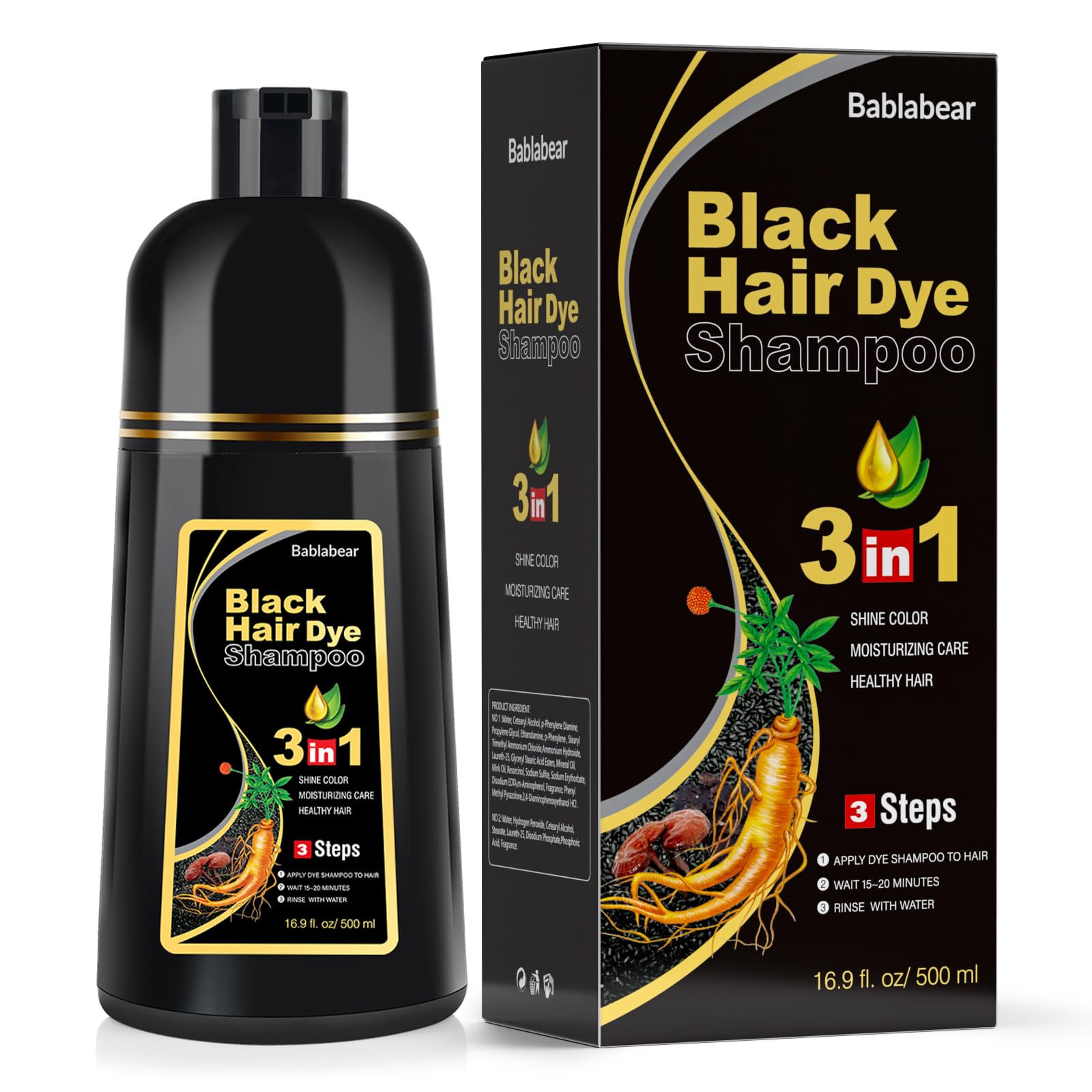 Bablabear Black Hair Dye Shampoo for Gray Hair, Semi-Permanent Hair Color Shampoo for Women and Men, Herbal Ingredients, 3 in 1 