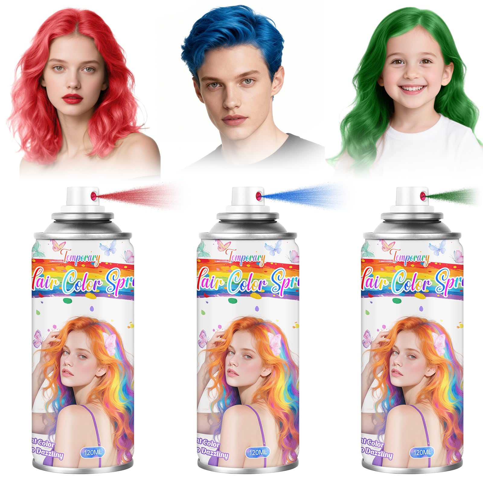 Red, Blue & Green Hair Spray  Temporary Hair Dye for Women & Kids