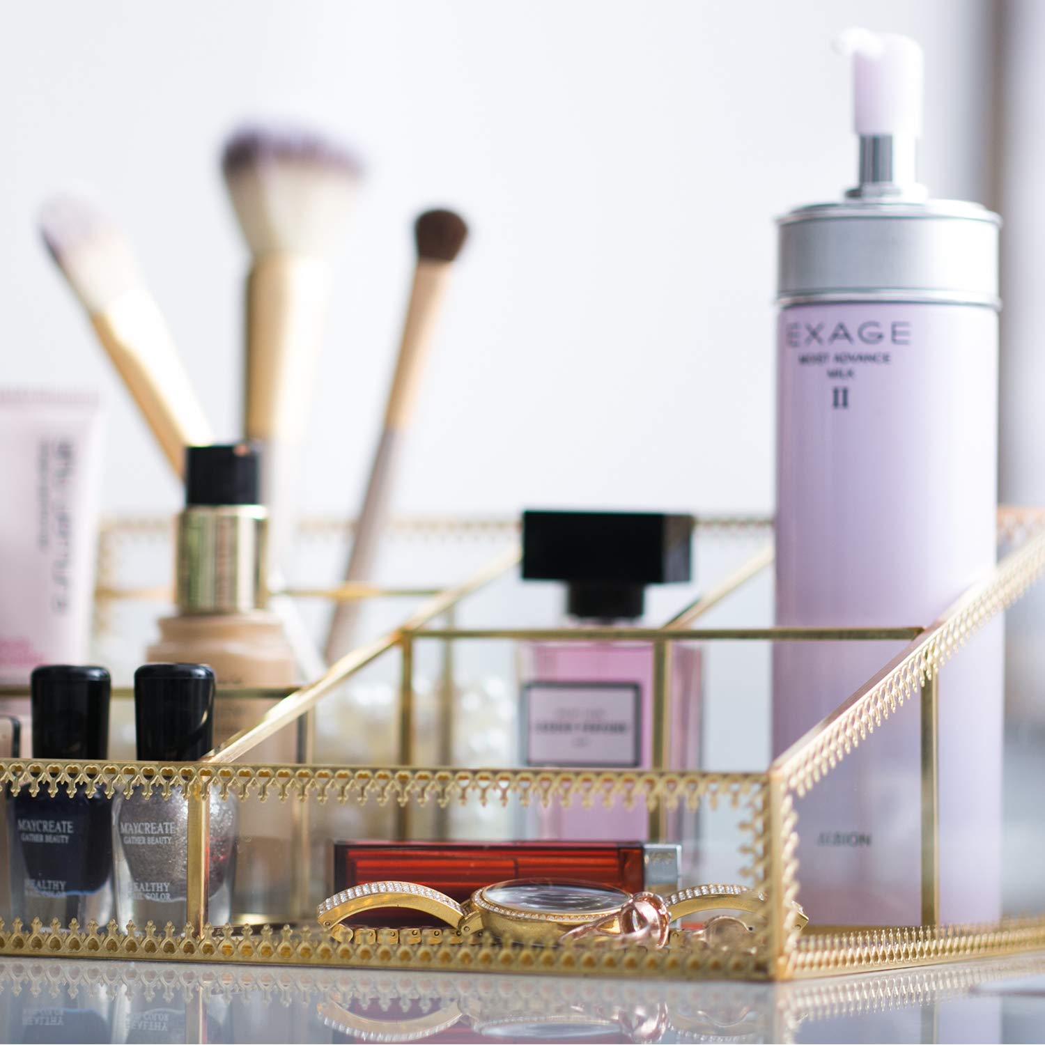 Makeup Organizer Antique Countertop Cosmetic Storage Box Glass Beauty Display, Gold Spin Large Capacity Holder for Brushes Lipst