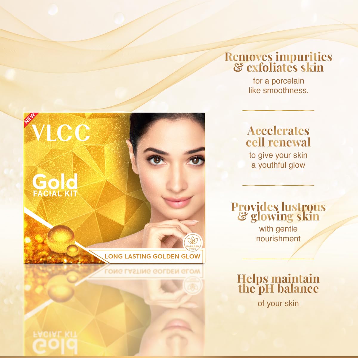 VLCC Gold Facial Kit - Single Use | Salon Like Facial at Home in Just 6-Steps | Includes Cleanser, Scrub, Cream, Face Pack & Moi
