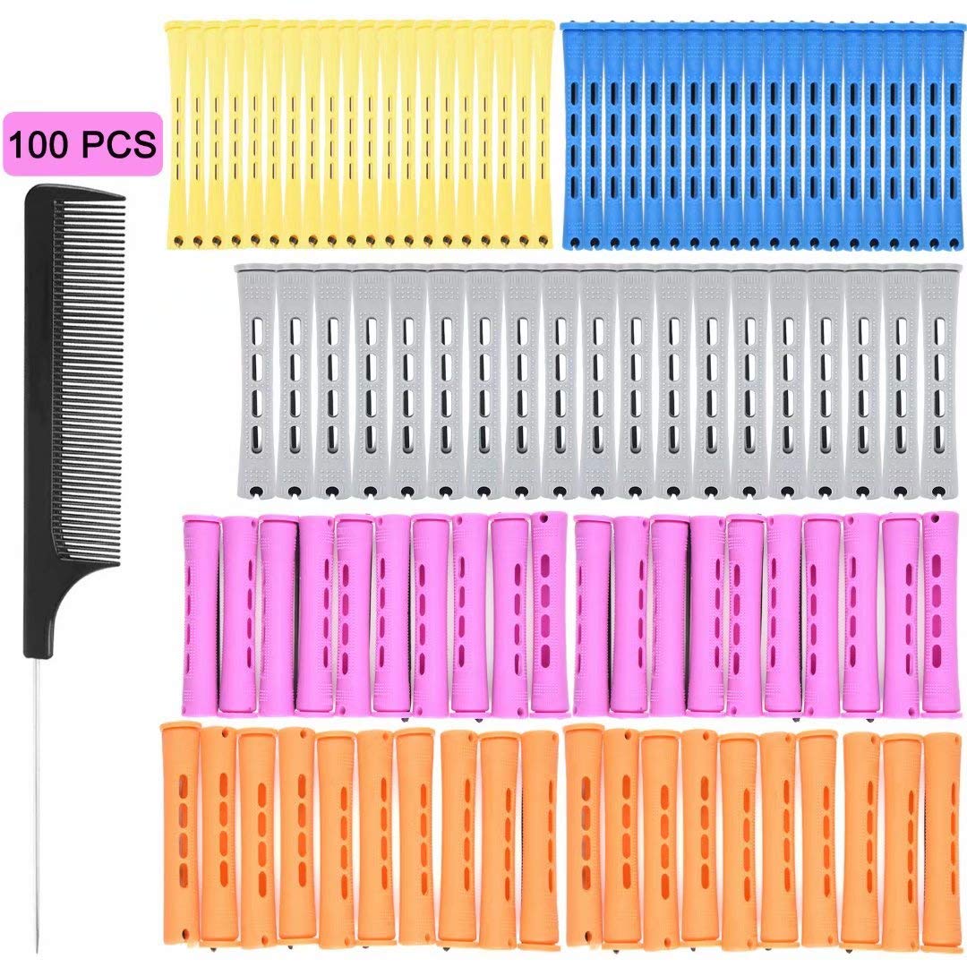 Alimiriam 100pcs Perm Rods Set - 5 Sizes Hair Rollers for Natural Curling - Plastic, Orange, Purple, Gray, Blue, Yellow