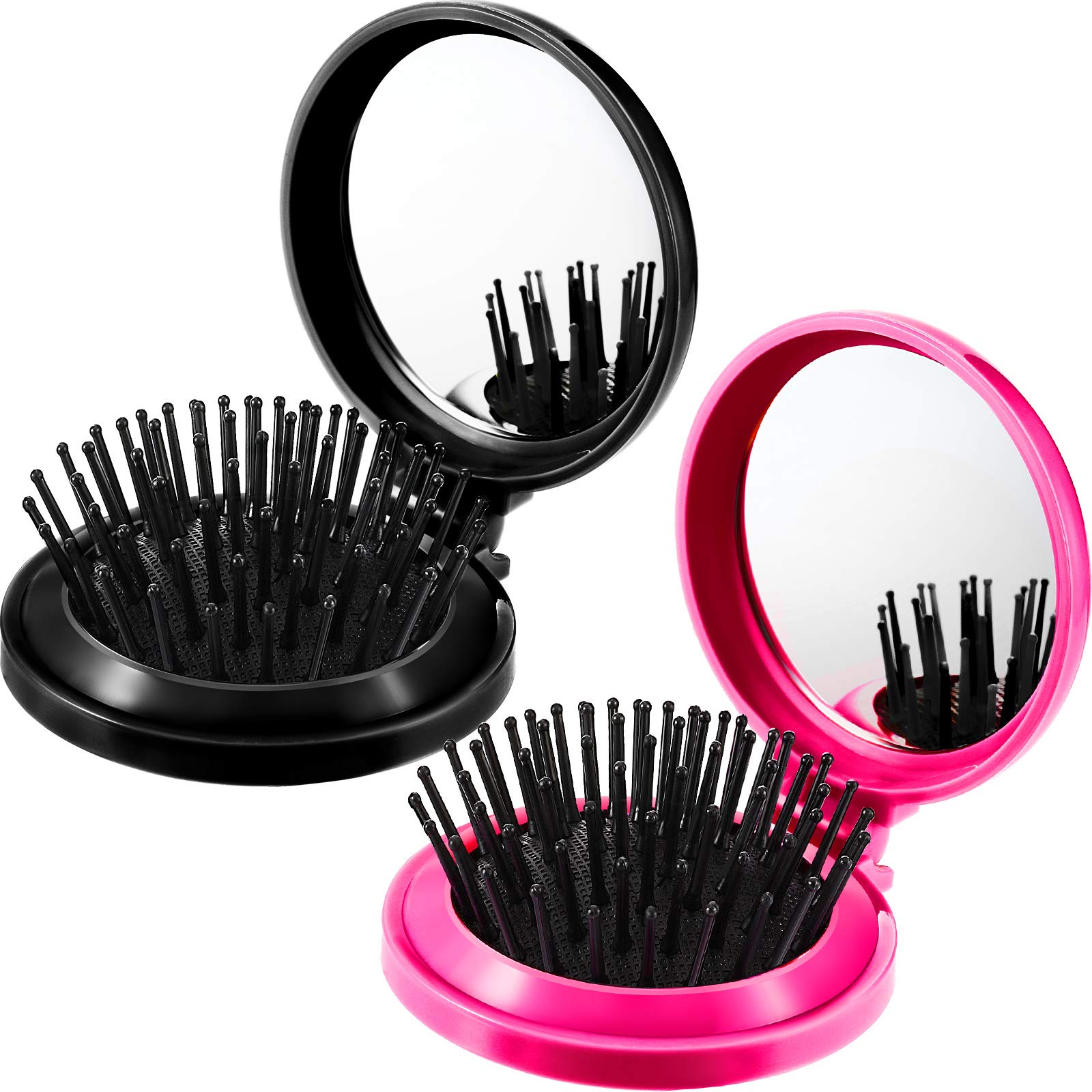 2 Pieces Round Folding Travel Size Hair Brushes, Mini Massage Comb, And Compact Travel Mirror For Women And Girls (Black, Rose R