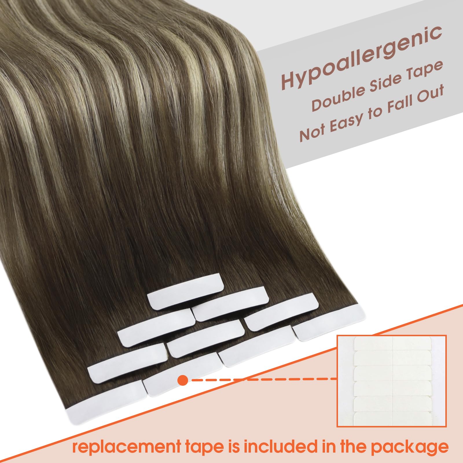 Sunny Hair Tape in Hair Extensions Real Human Hair Invisible Remy Hair Extensions Tape ins for Women Cool Brown Ombre Light Brow
