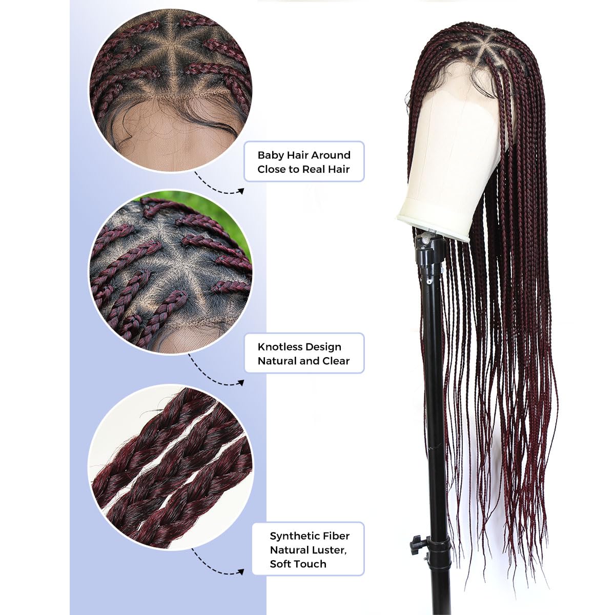 KRALER 36 inch Knotless Box Braided Wigs for African American Women, Ombre Burgundy Box Braids Triangle Embroidery Full Double L